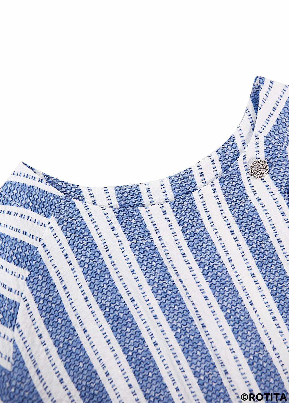 Blue tops,Geometric tops,Striped tops,ROTITA Geometric Print Blue Round Neck Short Sleeve Blouse