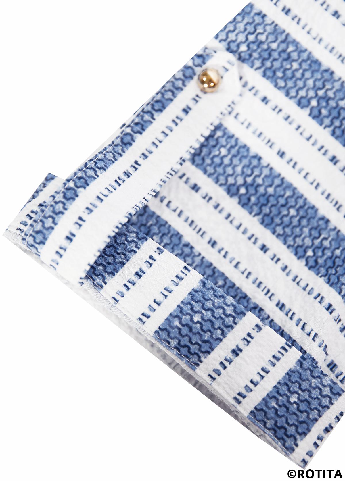 Blue tops,Geometric tops,Striped tops,ROTITA Geometric Print Blue Round Neck Short Sleeve Blouse