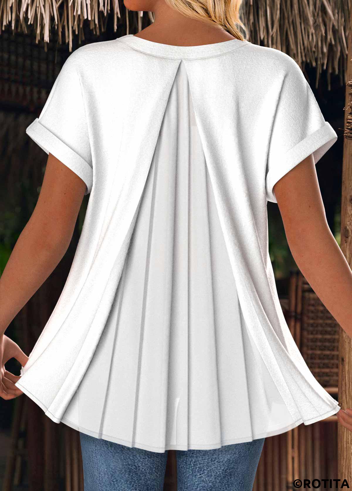 White tops,Plain Color tops,ROTITA White V Neck Short Sleeve T Shirt