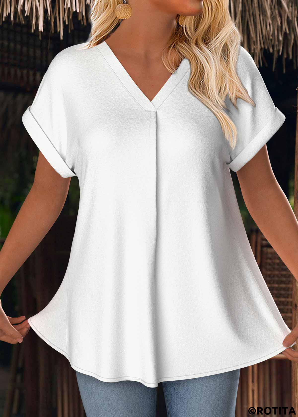 White tops,Plain Color tops,ROTITA White V Neck Short Sleeve T Shirt