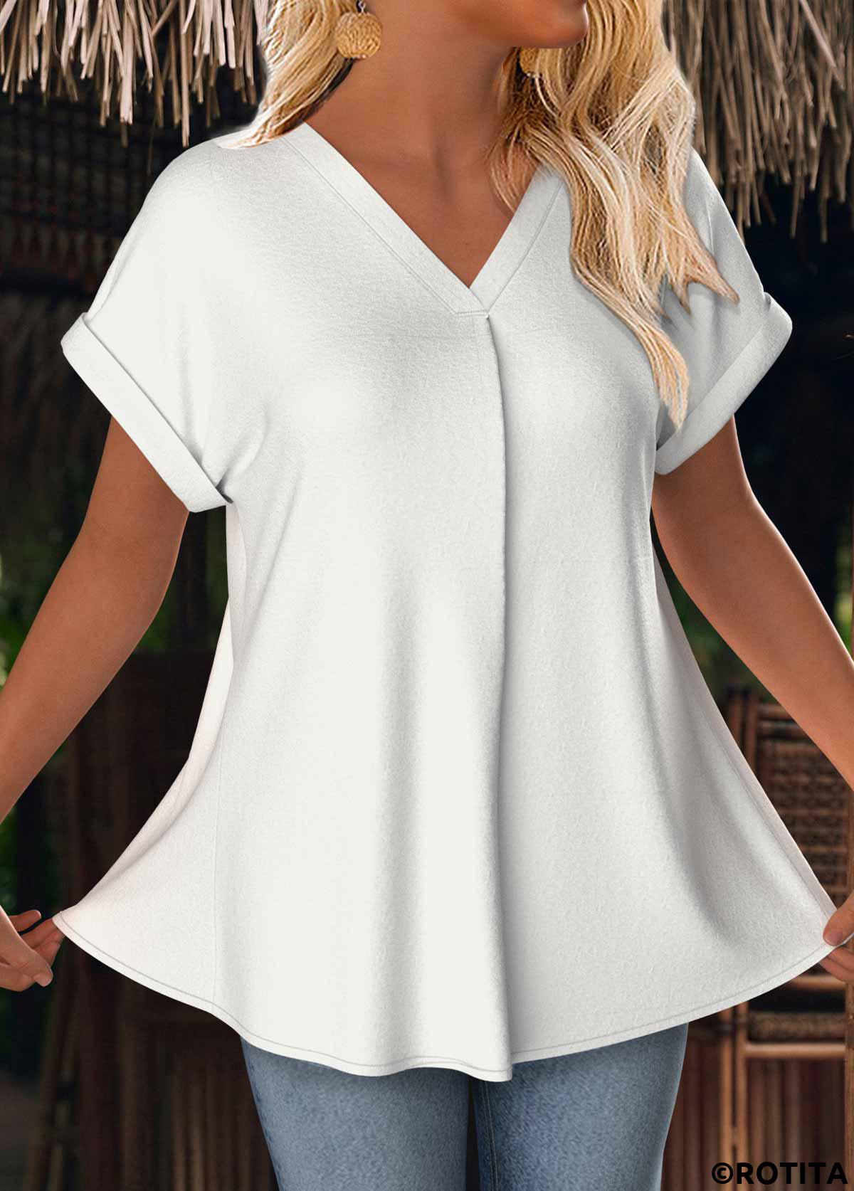 White tops,Plain Color tops,ROTITA White V Neck Short Sleeve T Shirt
