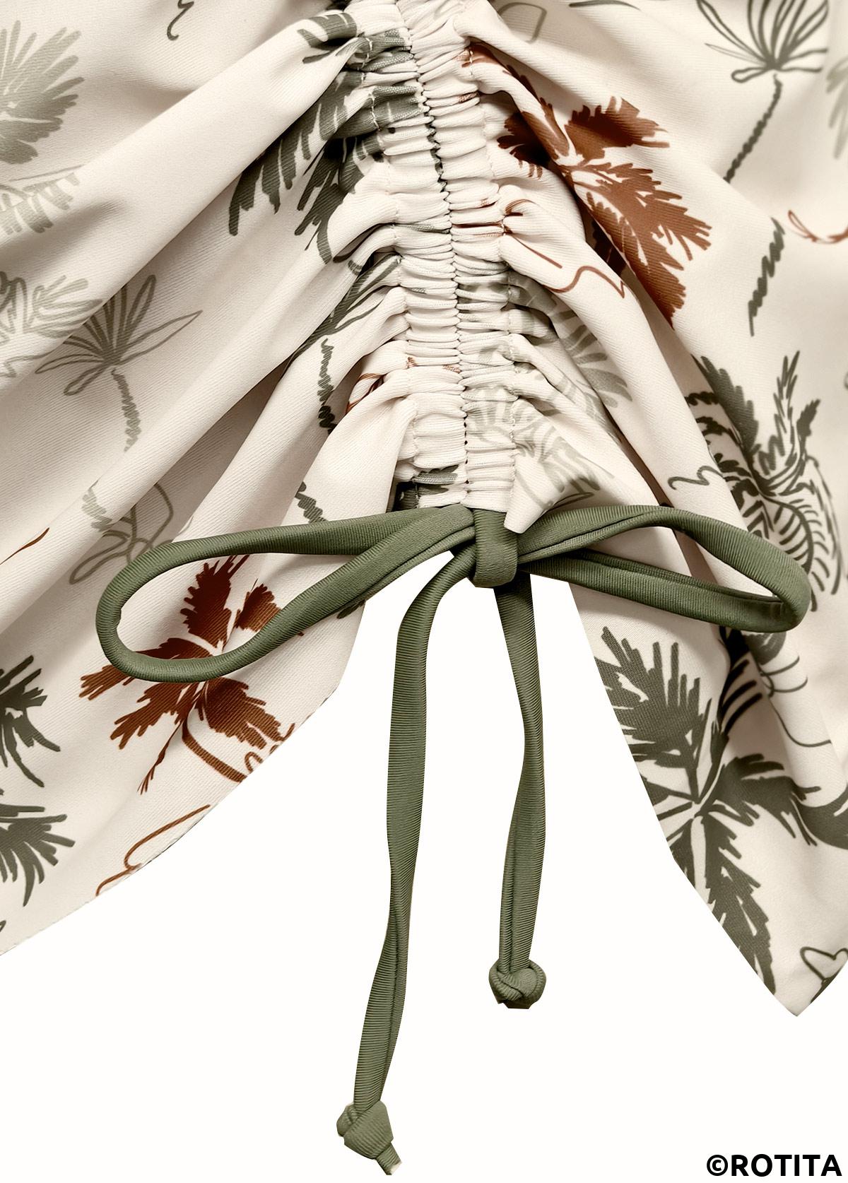 Beige swimwear,Plants swimwear,ROTITA Beige Tropical Plants Print Mid Waisted Tankini Set