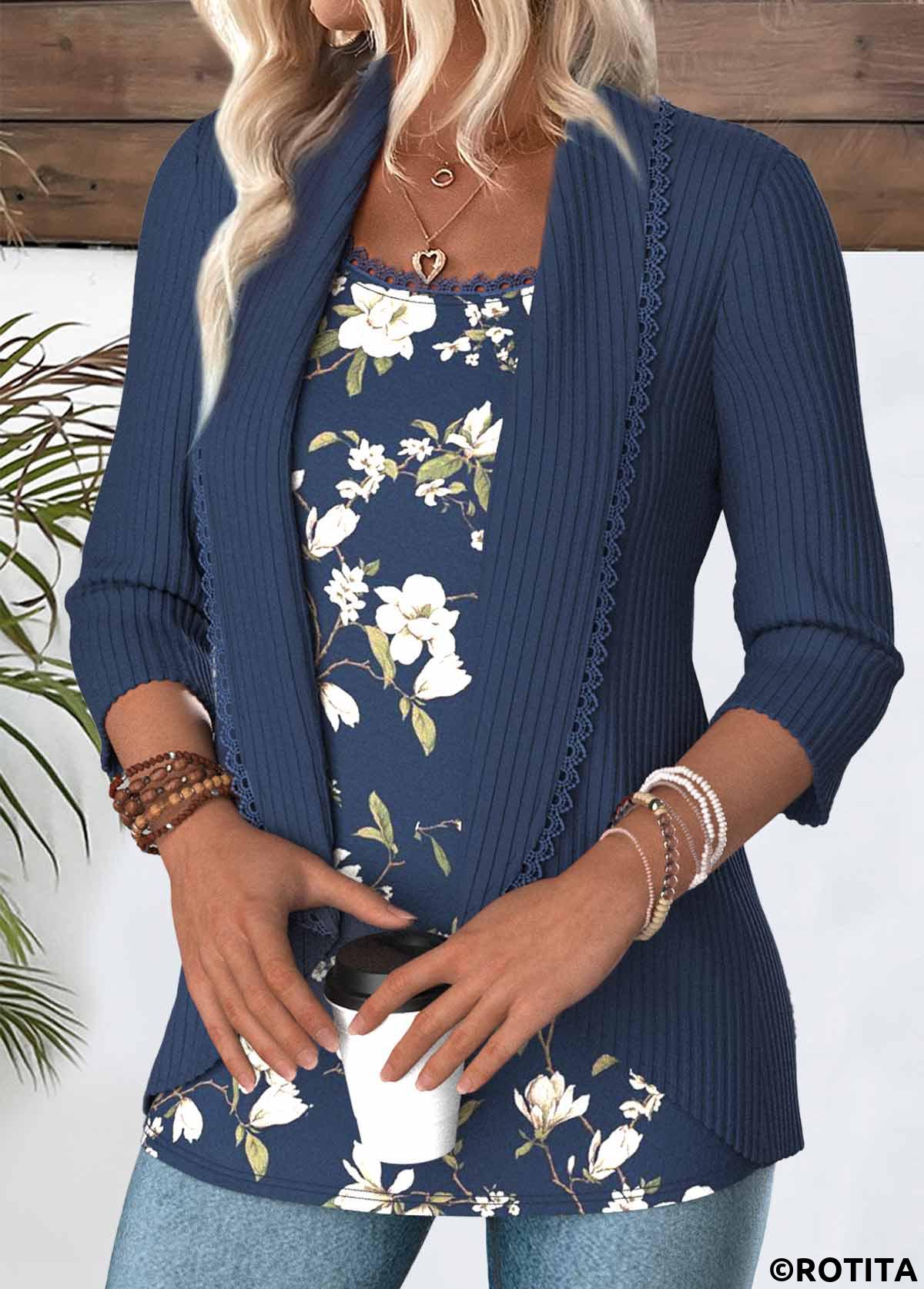 Blue tops,Floral tops,Plants tops,ROTITA Floral Print Blue Square Neck Fake Two Piece Twinset