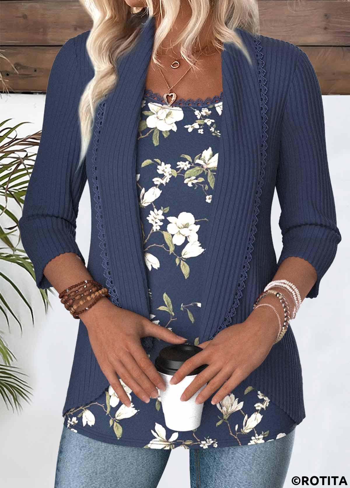 Blue tops,Floral tops,Plants tops,ROTITA Floral Print Blue Square Neck Fake Two Piece Twinset