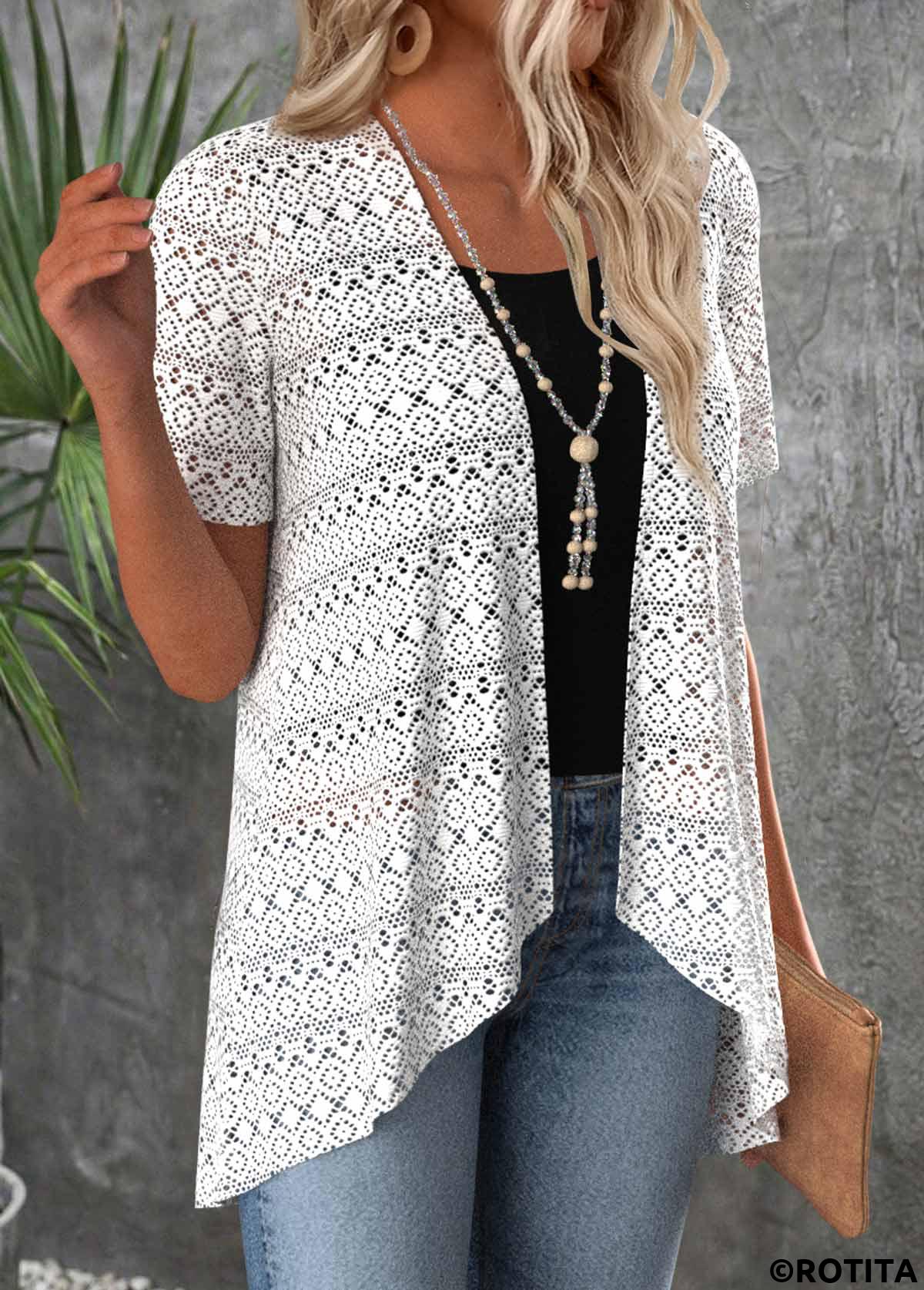 White tops,Plain Color tops,ROTITA Patchwork White Short Sleeve Cardigan and Tank Top