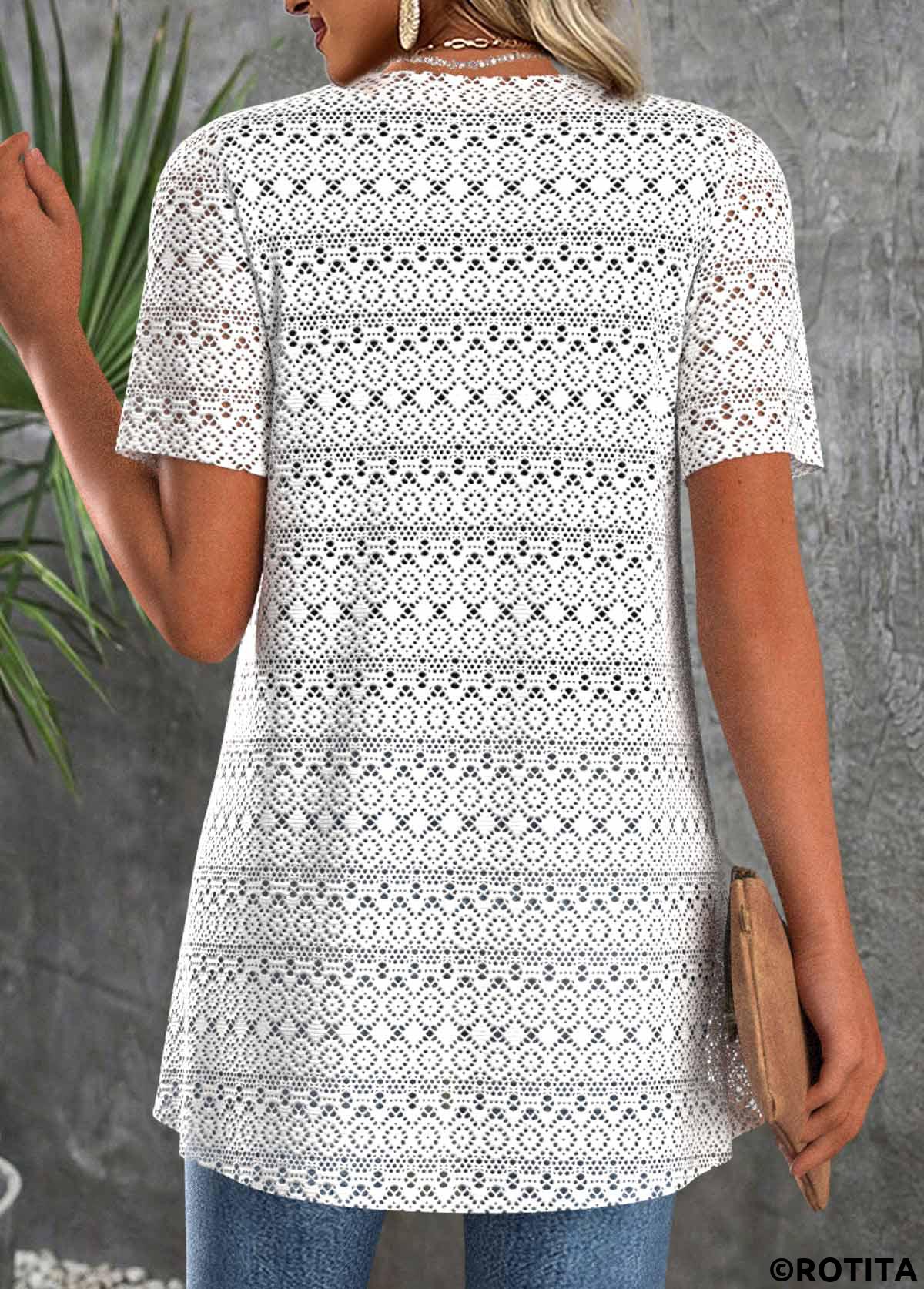 White tops,Plain Color tops,ROTITA Patchwork White Short Sleeve Cardigan and Tank Top