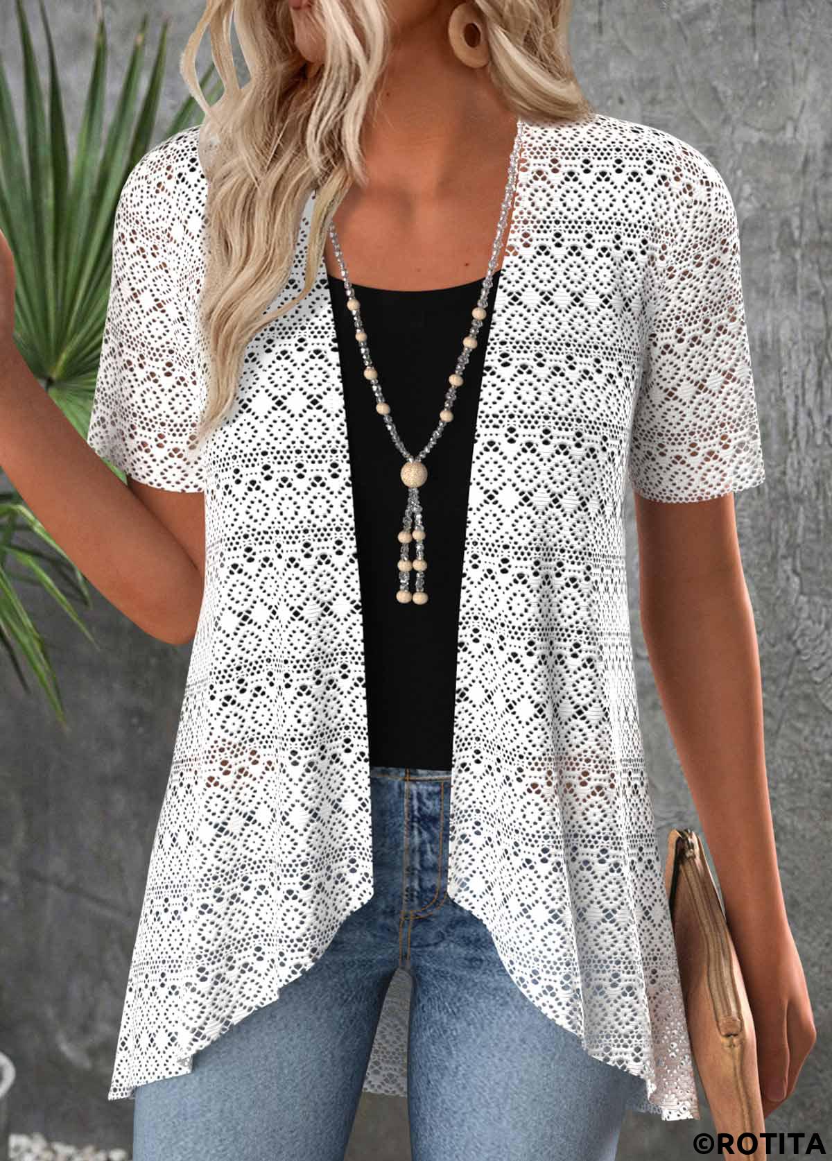 White tops,Plain Color tops,ROTITA Patchwork White Short Sleeve Cardigan and Tank Top