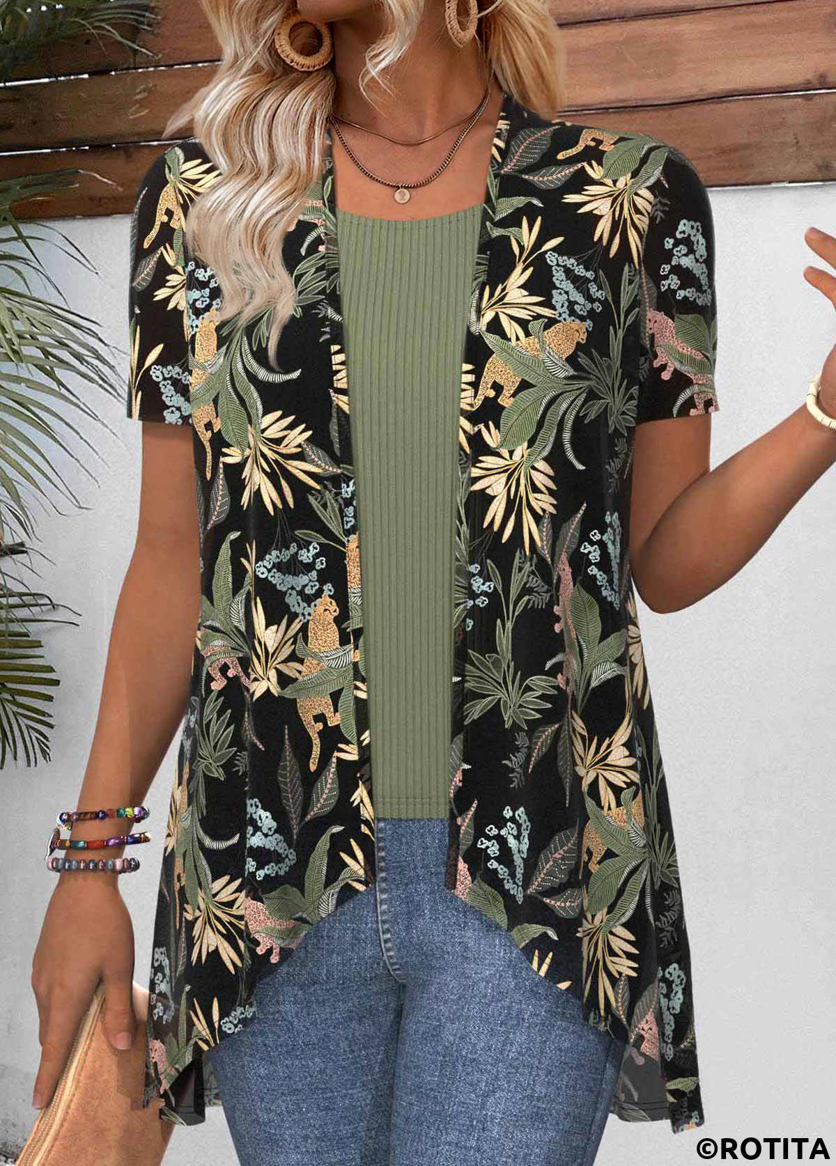Green tops,Plants tops,Floral tops,Animal Print tops,ROTITA Leaf Print Green Short Sleeve Light Cardigan