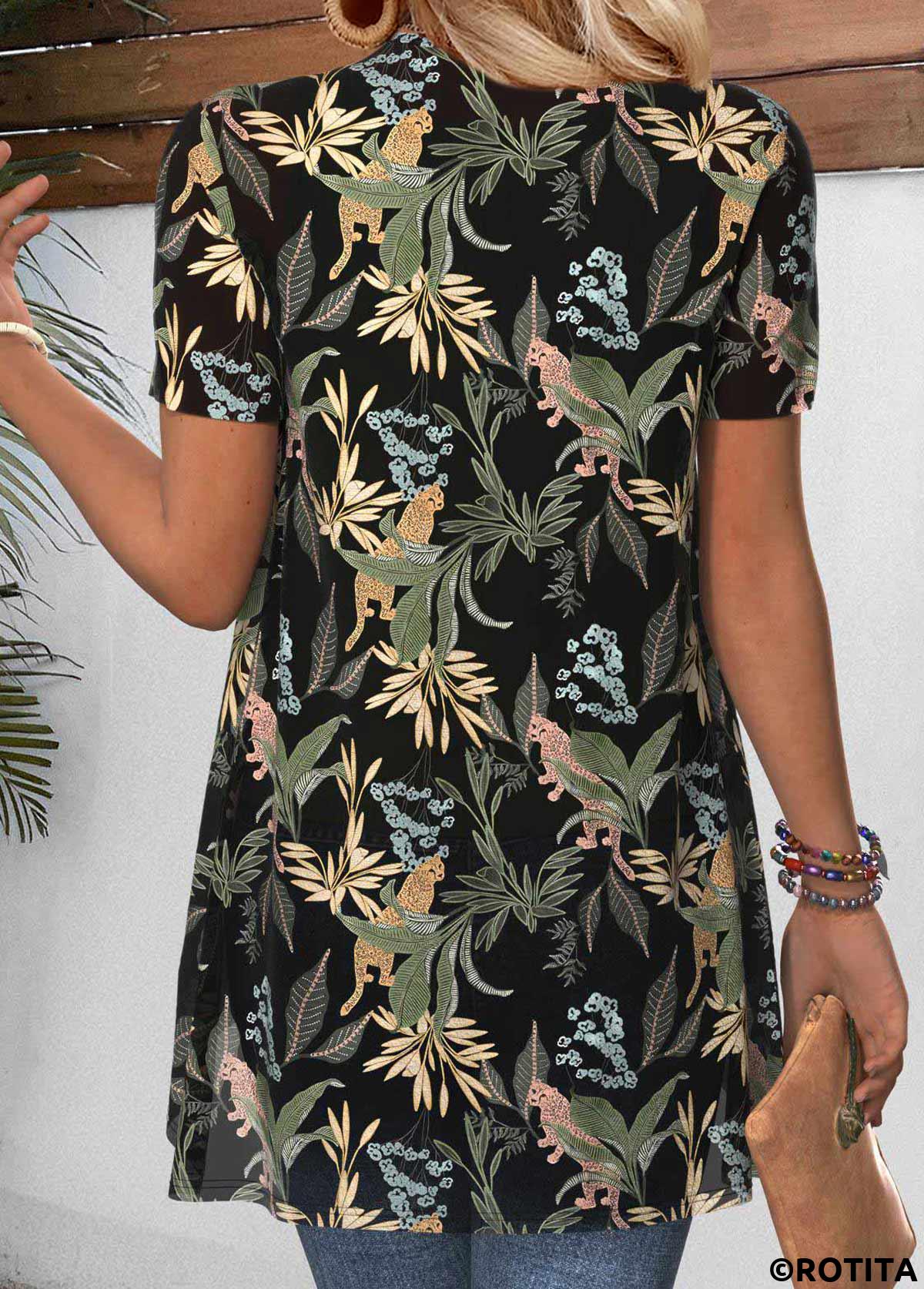 Green tops,Plants tops,Floral tops,Animal Print tops,ROTITA Leaf Print Green Short Sleeve Light Cardigan