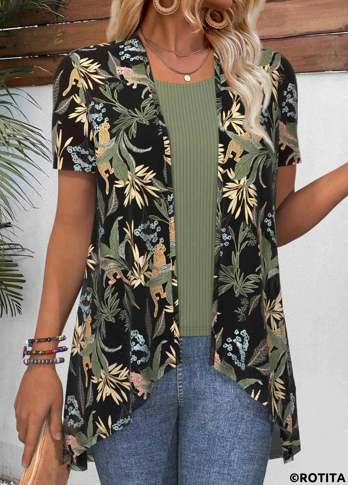 Green tops,Plants tops,Floral tops,Animal Print tops,ROTITA Leaf Print Green Short Sleeve Light Cardigan