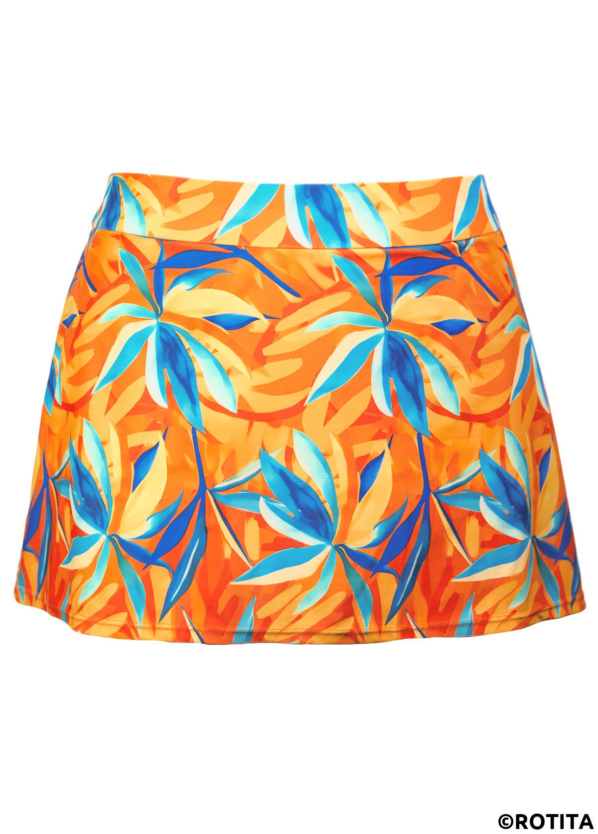 Orange swimwear,Plants swimwear,ROTITA Orange Leaf Print Mid Waisted Tankini Set