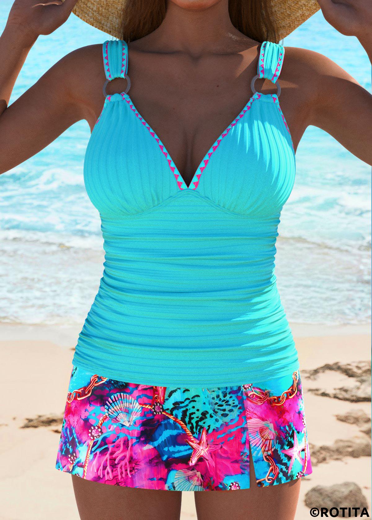 Cyan swimwear,Animal Print swimwear,ROTITA Cyan Marine Life Print Mid Waisted Tankini Set