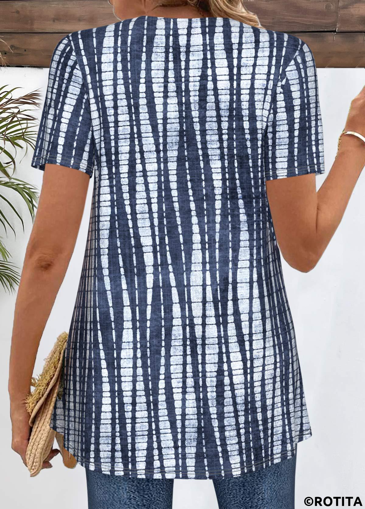 Navy tops,Tie Dye tops,ROTITA Patchwork Tie Dye Print Navy Fake Two Piece Twinset