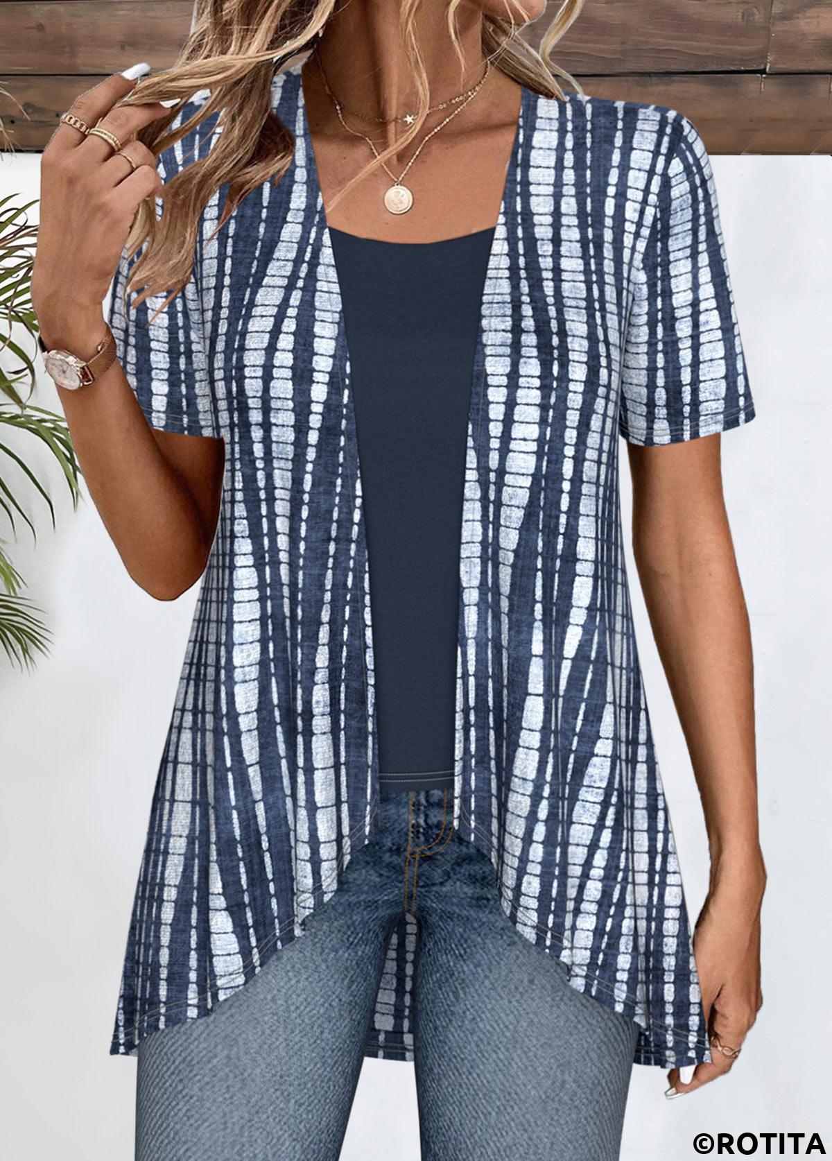 Navy tops,Tie Dye tops,ROTITA Patchwork Tie Dye Print Navy Fake Two Piece Twinset