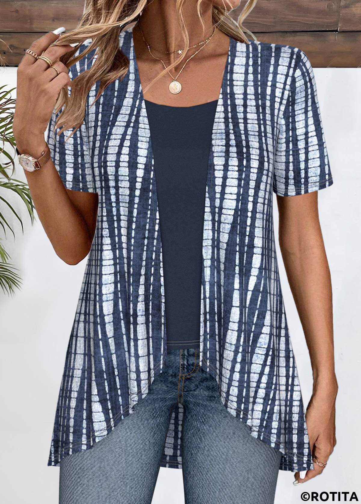 Navy tops,Tie Dye tops,ROTITA Patchwork Tie Dye Print Navy Fake Two Piece Twinset