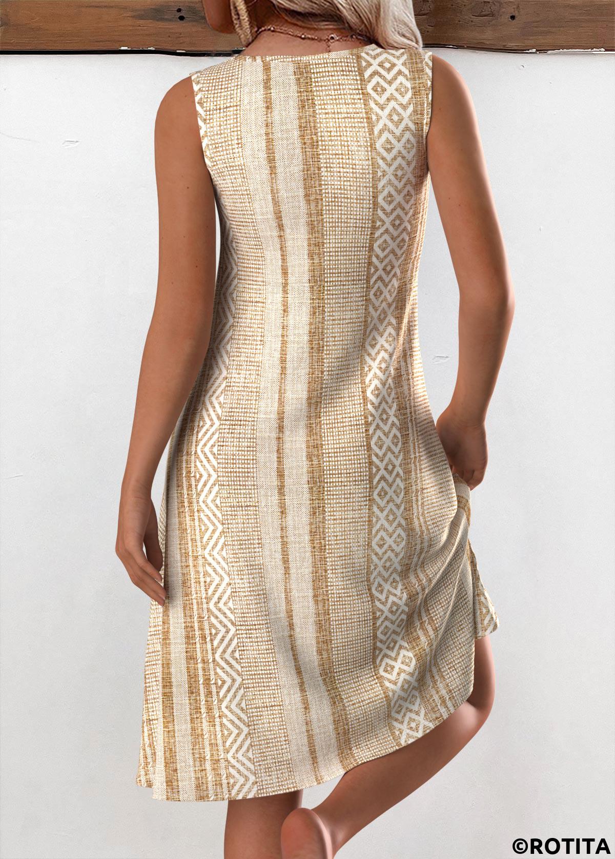 Light Camel plus size,Geometric plus size,ROTITA Plus Size Circular Ring Light Camel Geometric Print Dress
