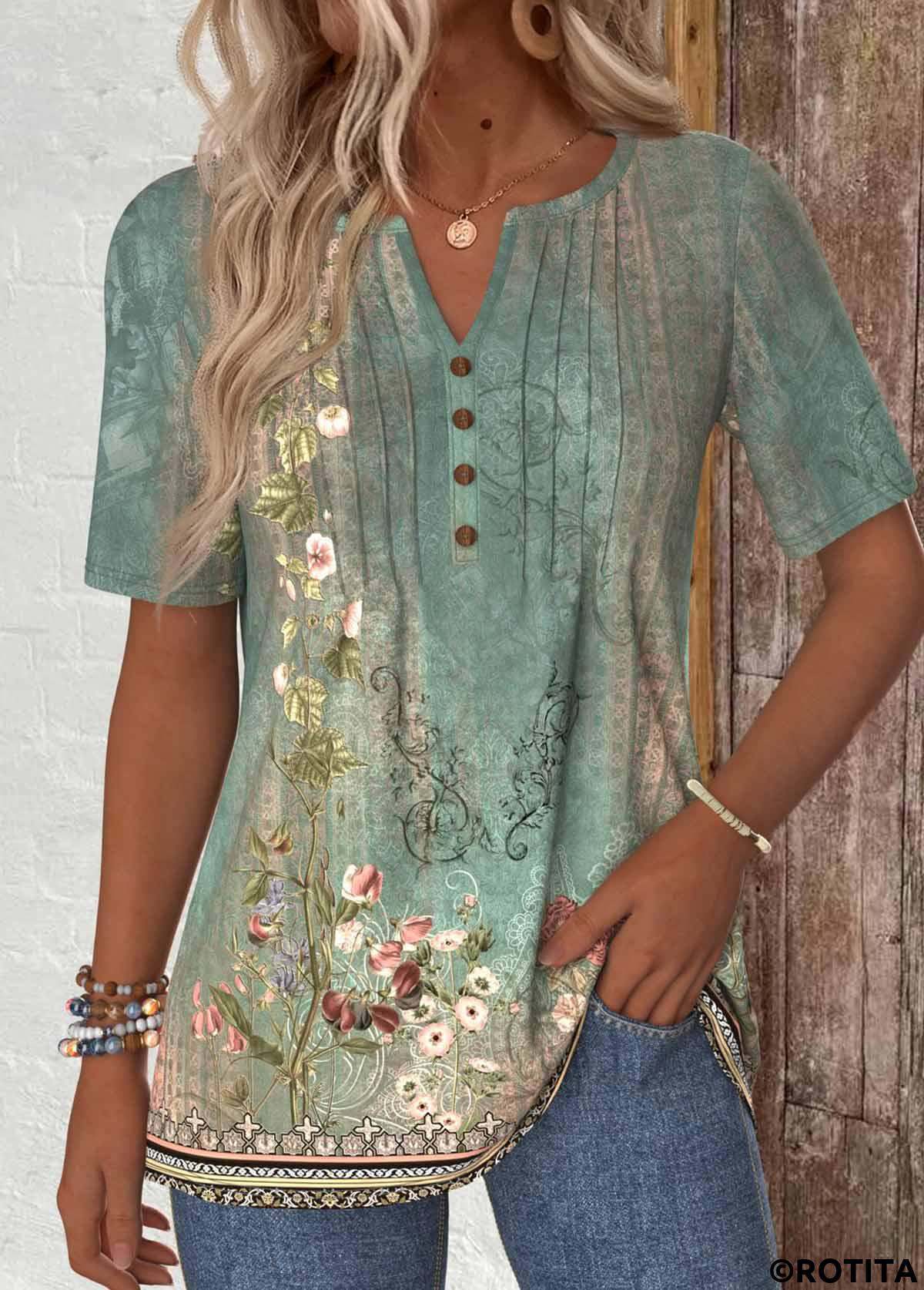 Sage Green plus size,Plants plus size,ROTITA Plus Size Tuck Stitch Sage Green T Shirt