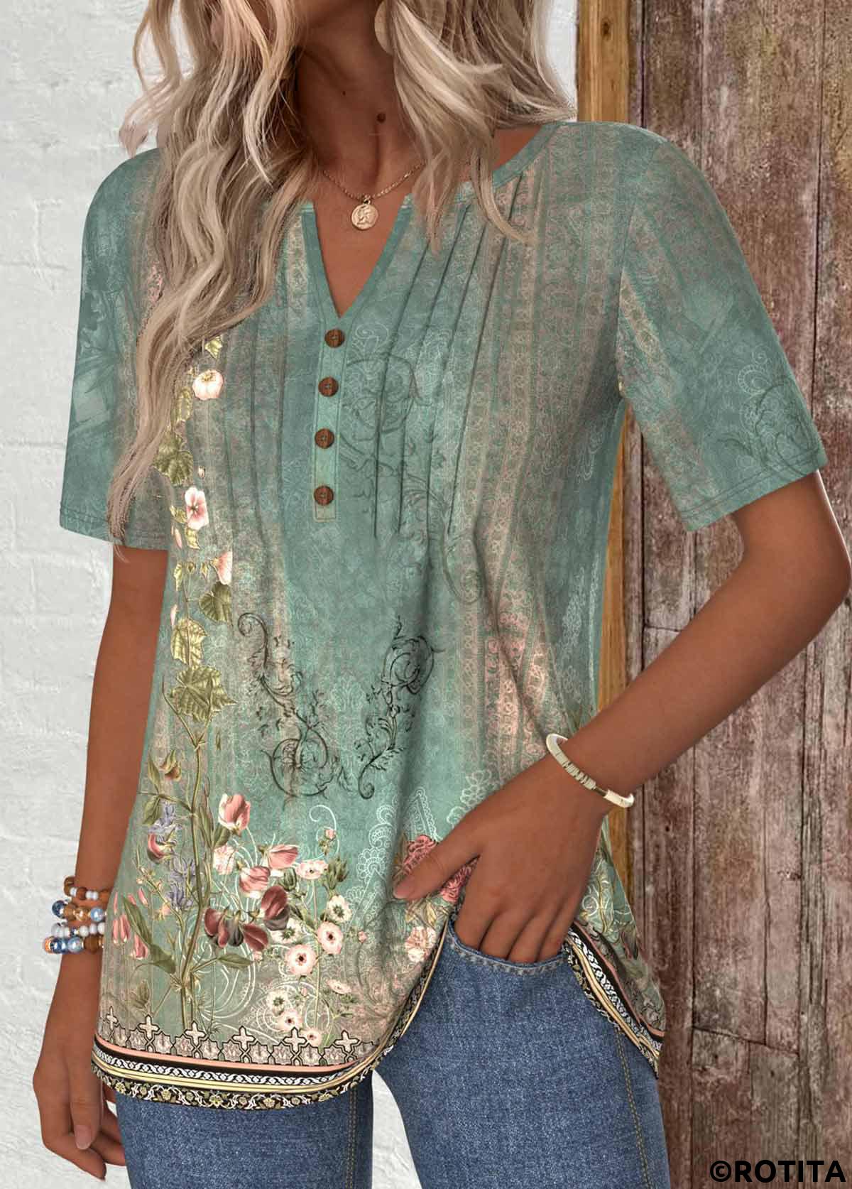 Sage Green plus size,Plants plus size,ROTITA Plus Size Tuck Stitch Sage Green T Shirt