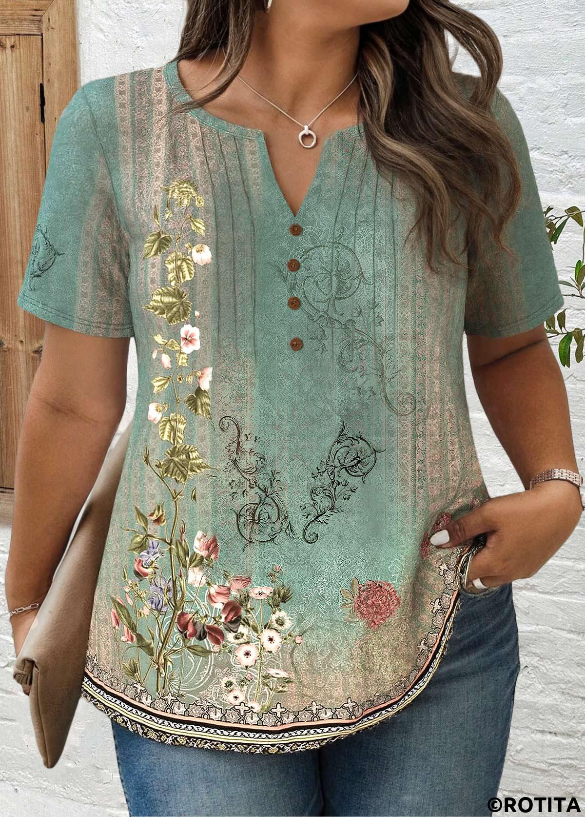 Sage Green plus size,Plants plus size,ROTITA Plus Size Tuck Stitch Sage Green T Shirt