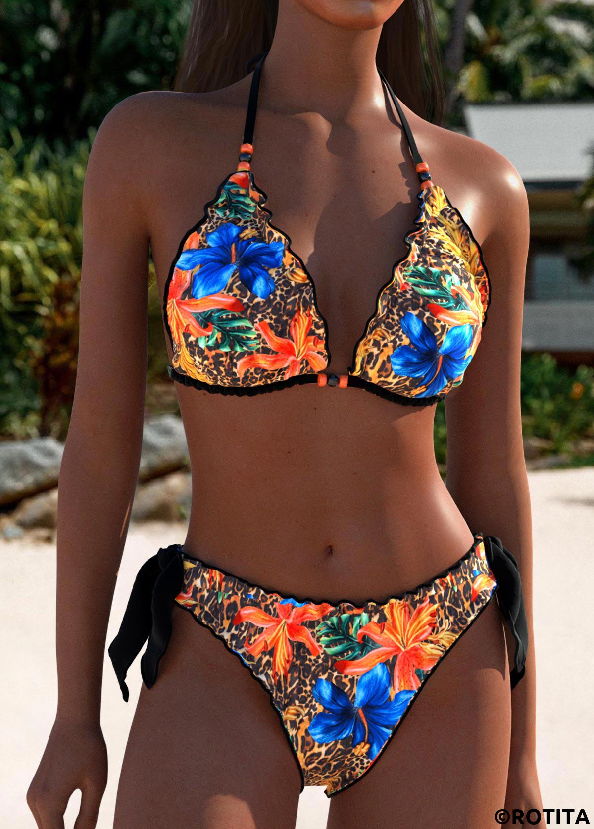 Multi Color swimwear,Leopard swimwear,Animal Print swimwear,ROTITA Multi Color Leopard Low Waisted Bikini Set
