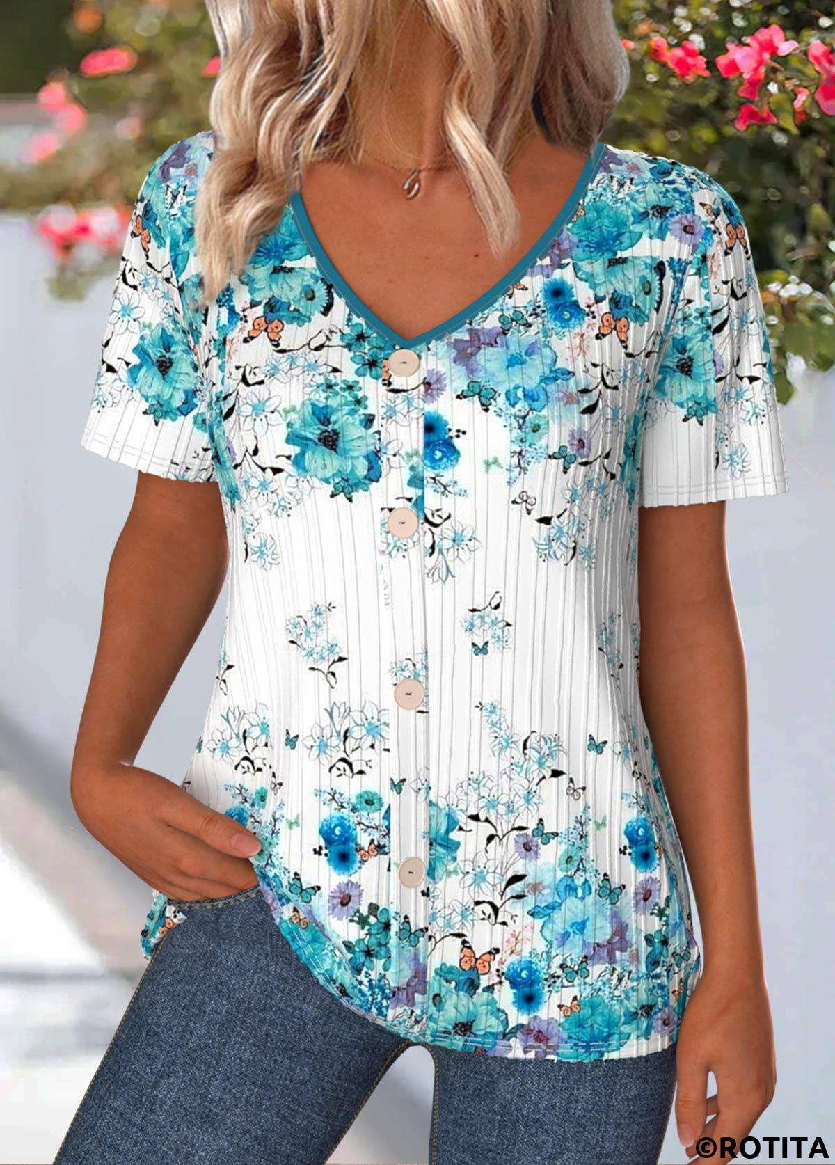 Cyan tops,Floral tops,Plants tops,ROTITA Floral Print Cyan V Neck Short Sleeve T Shirt