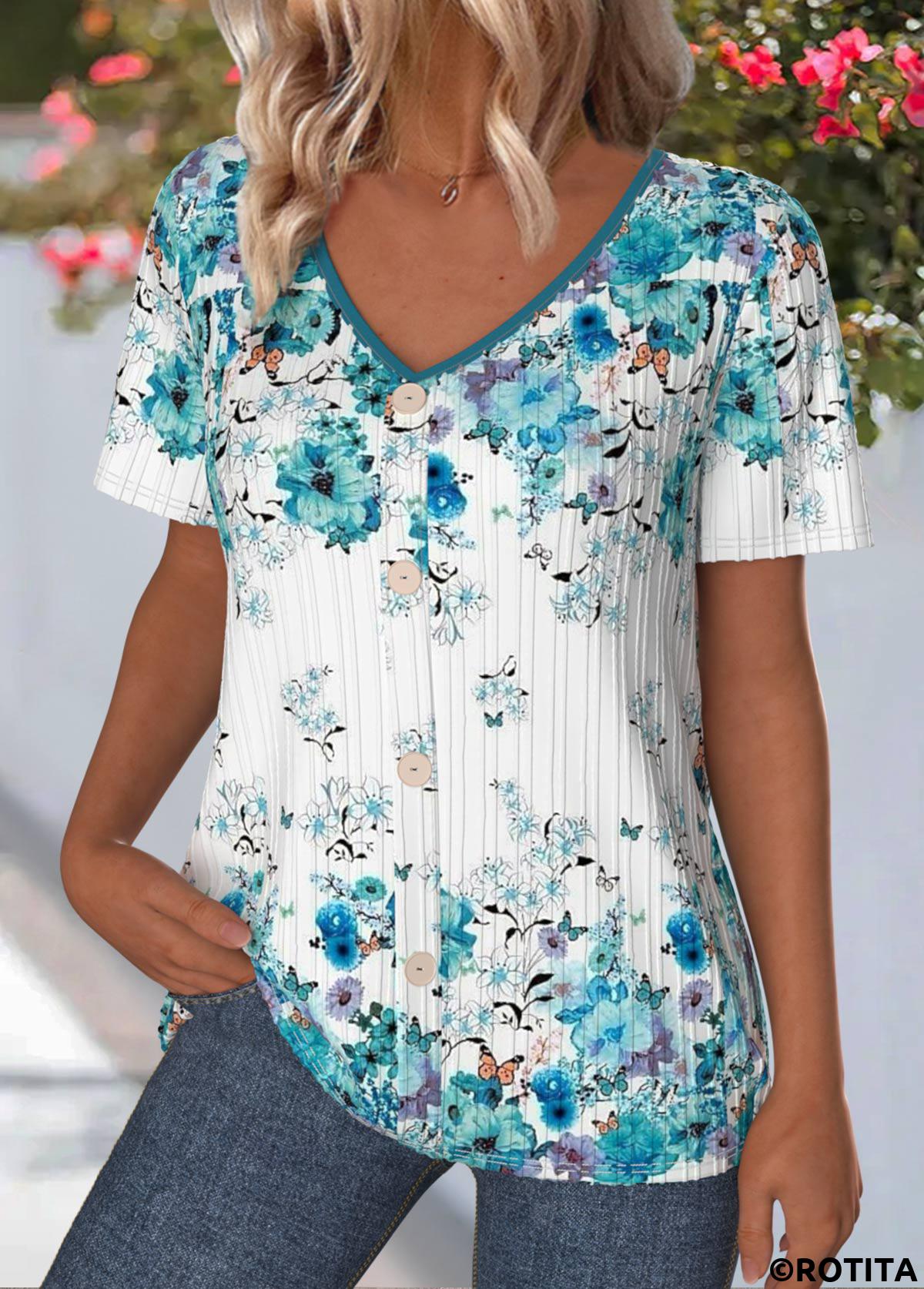 Cyan tops,Floral tops,Plants tops,ROTITA Floral Print Cyan V Neck Short Sleeve T Shirt
