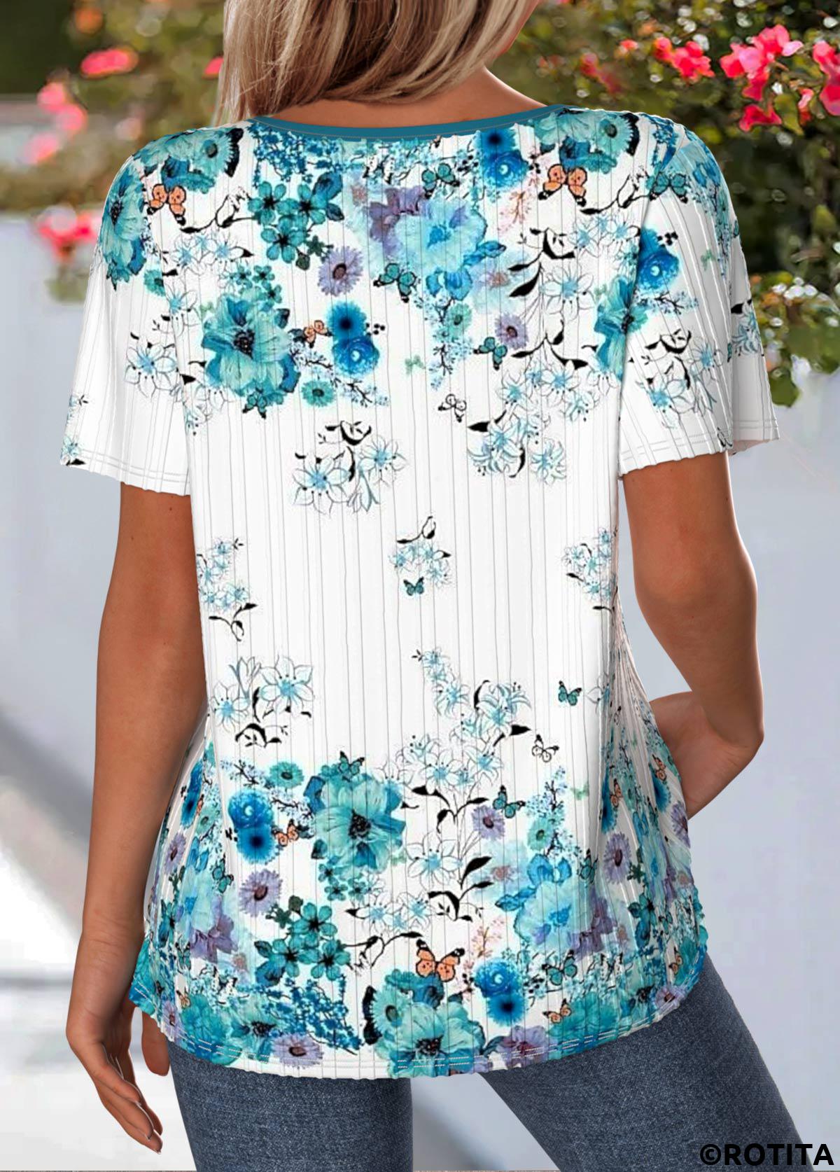 Cyan tops,Floral tops,Plants tops,ROTITA Floral Print Cyan V Neck Short Sleeve T Shirt