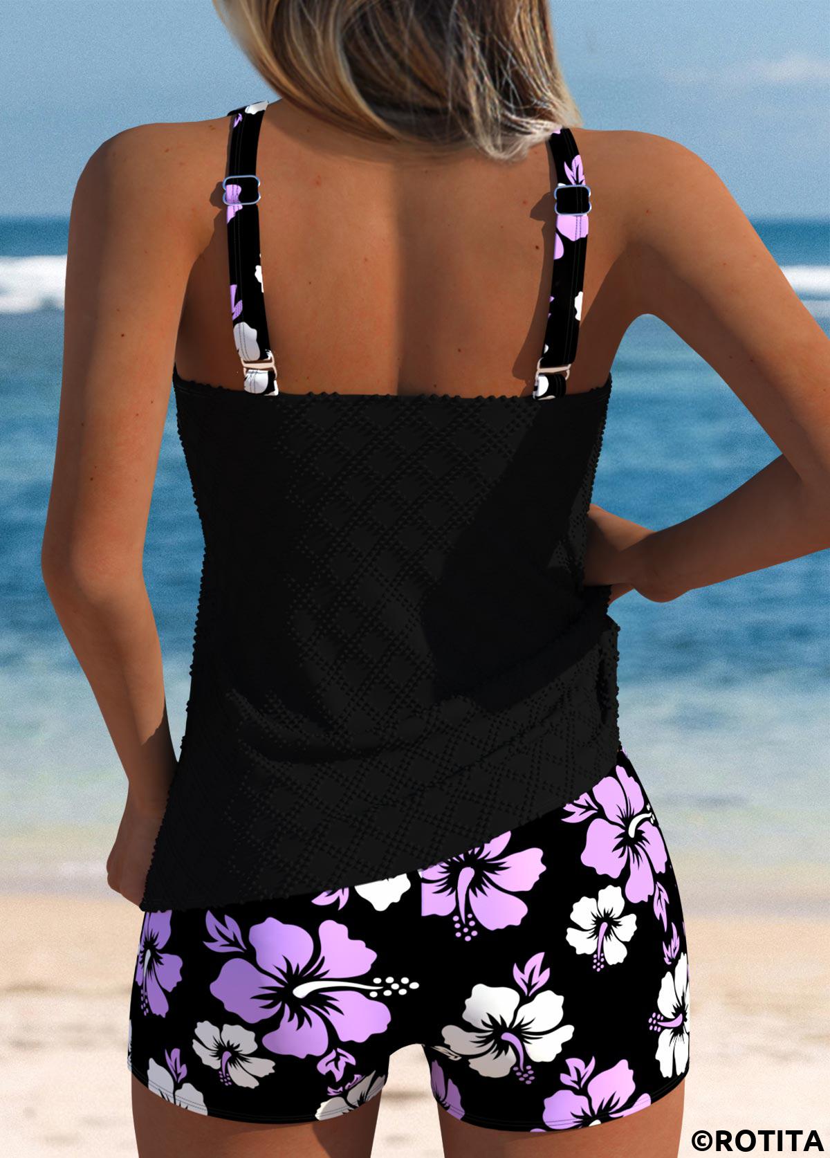 Light Purple plus size,Floral plus size,Plants plus size,ROTITA Plus Size Mid Waisted Floral Print Tankini Set