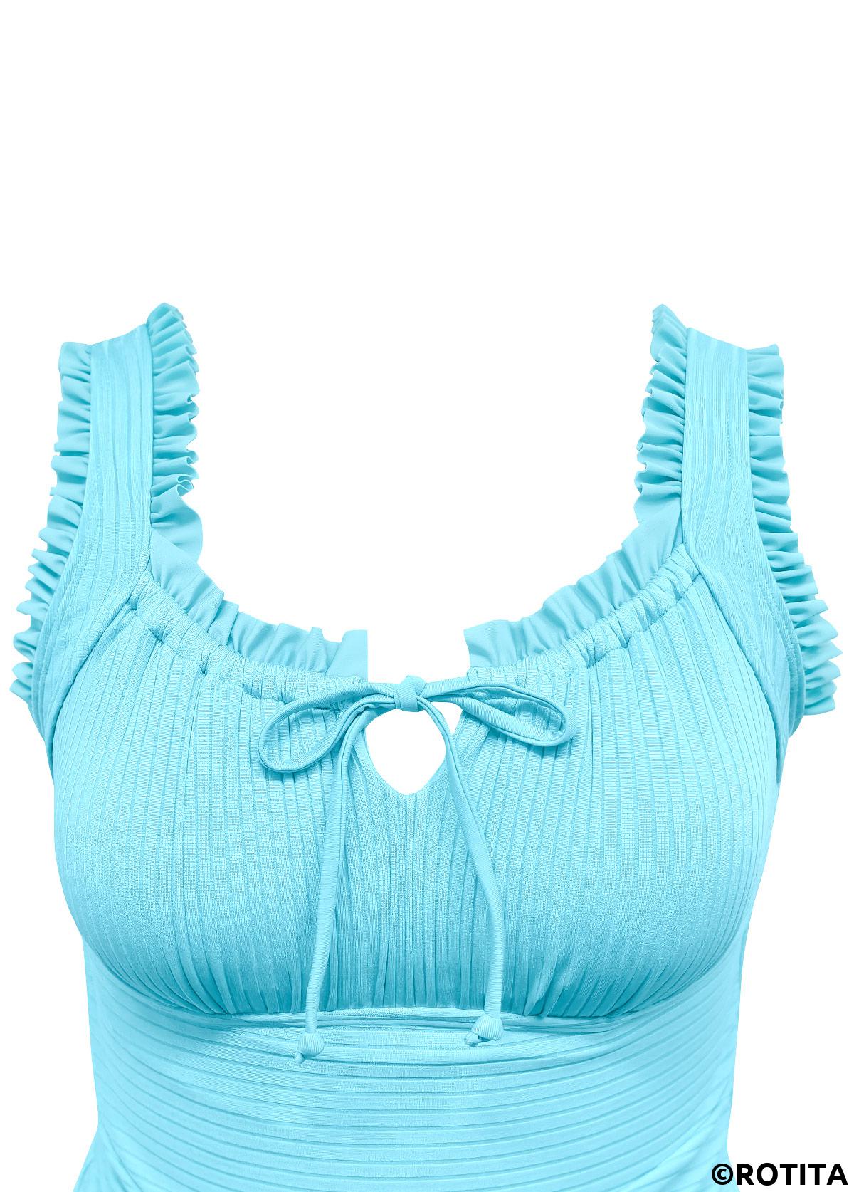 Cyan swimwear,Plants swimwear,ROTITA Cyan Tropical Plants Print Mid Waisted Tankini Set