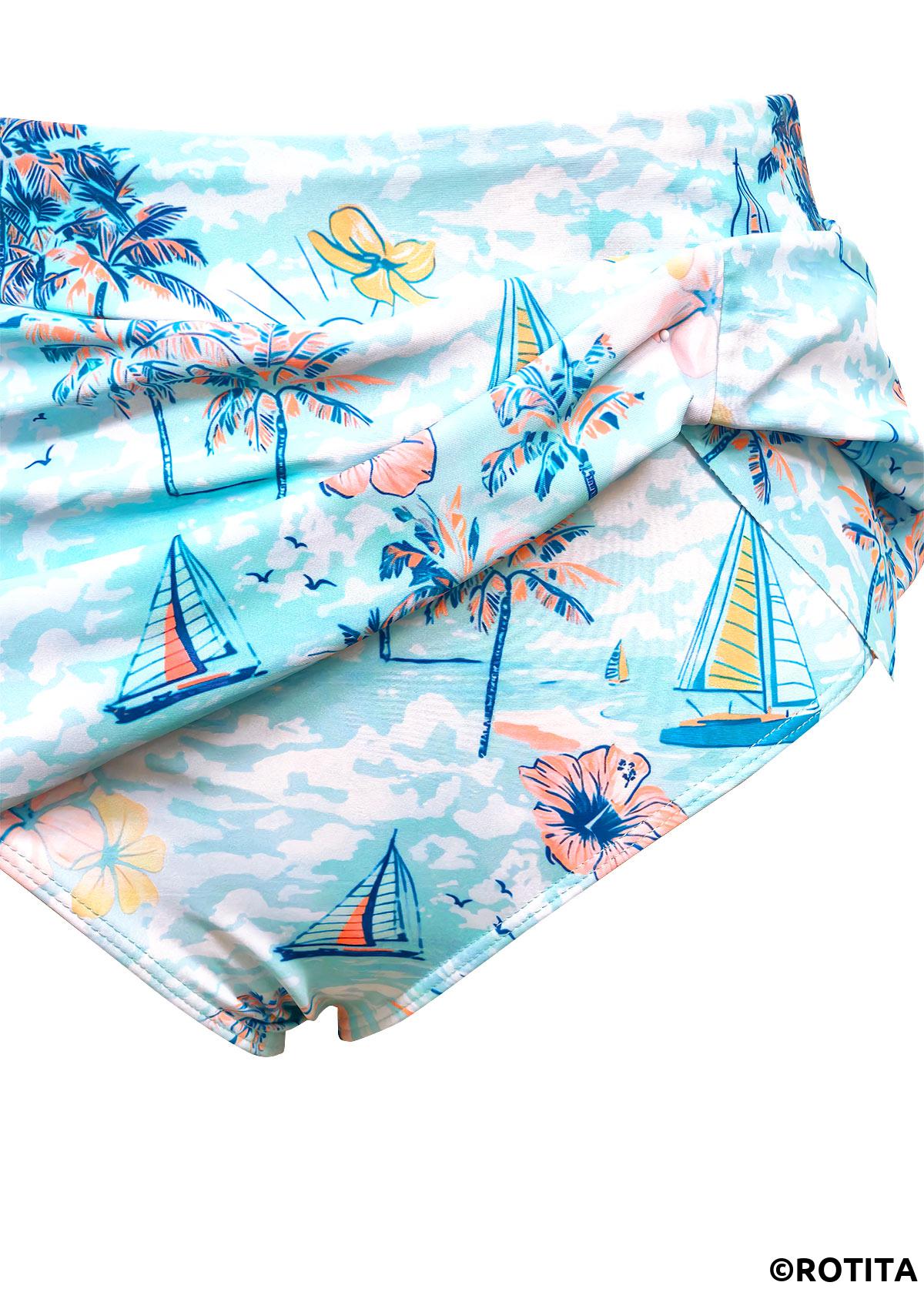 Cyan swimwear,Plants swimwear,ROTITA Cyan Tropical Plants Print Mid Waisted Tankini Set