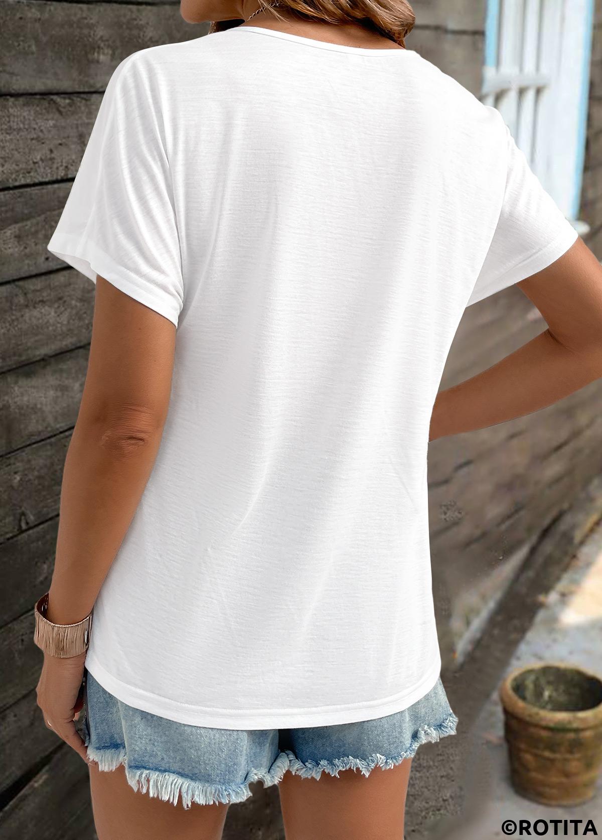 White tops,Plain Color tops,ROTITA White V Neck Short Sleeve T Shirt