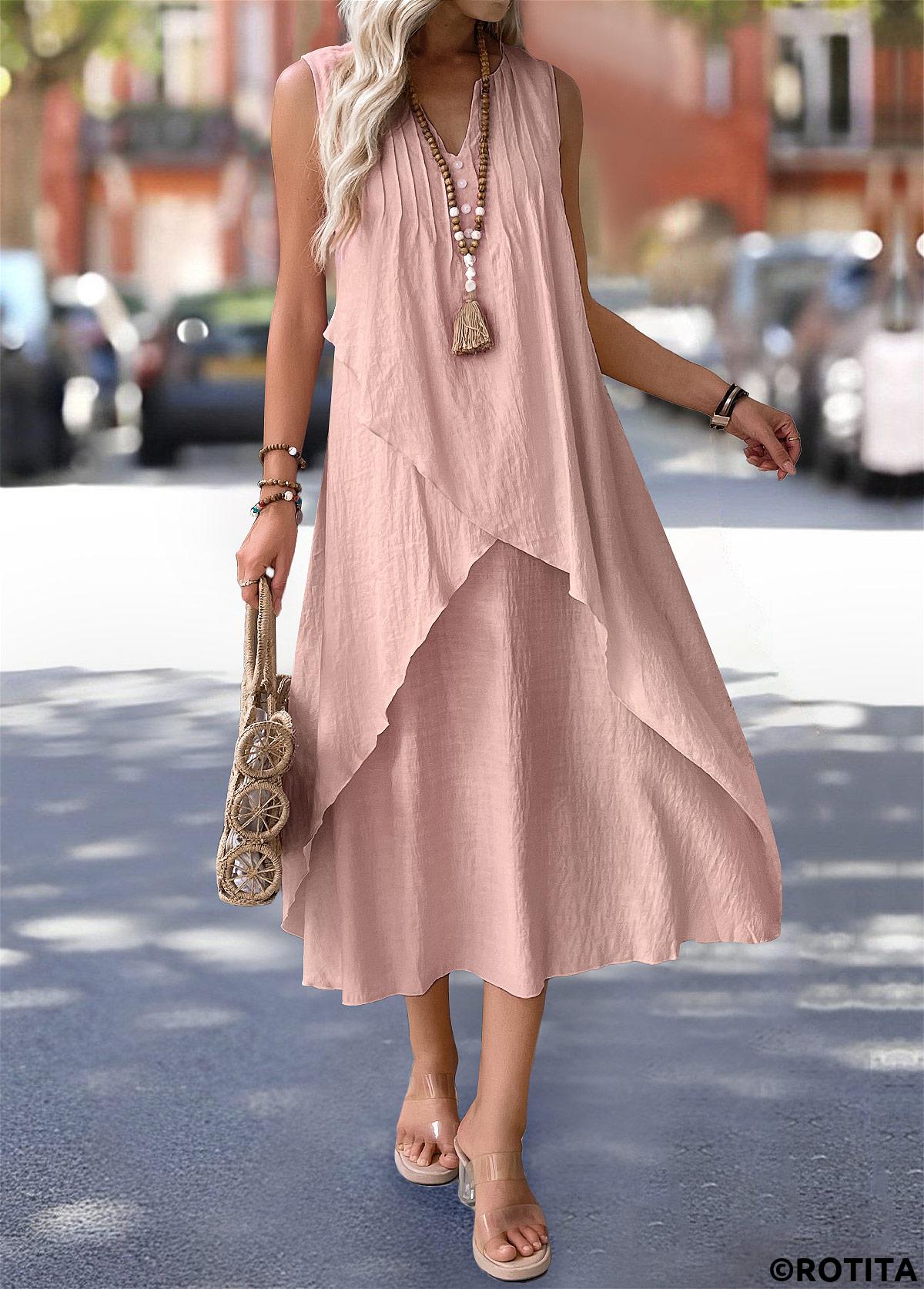 Dusty Pink dresses,Plain Color dresses,Everyday dresses,Casual dresses,ROTITA Dusty Pink Maxi A Line Split Neck Sleeveless Dress