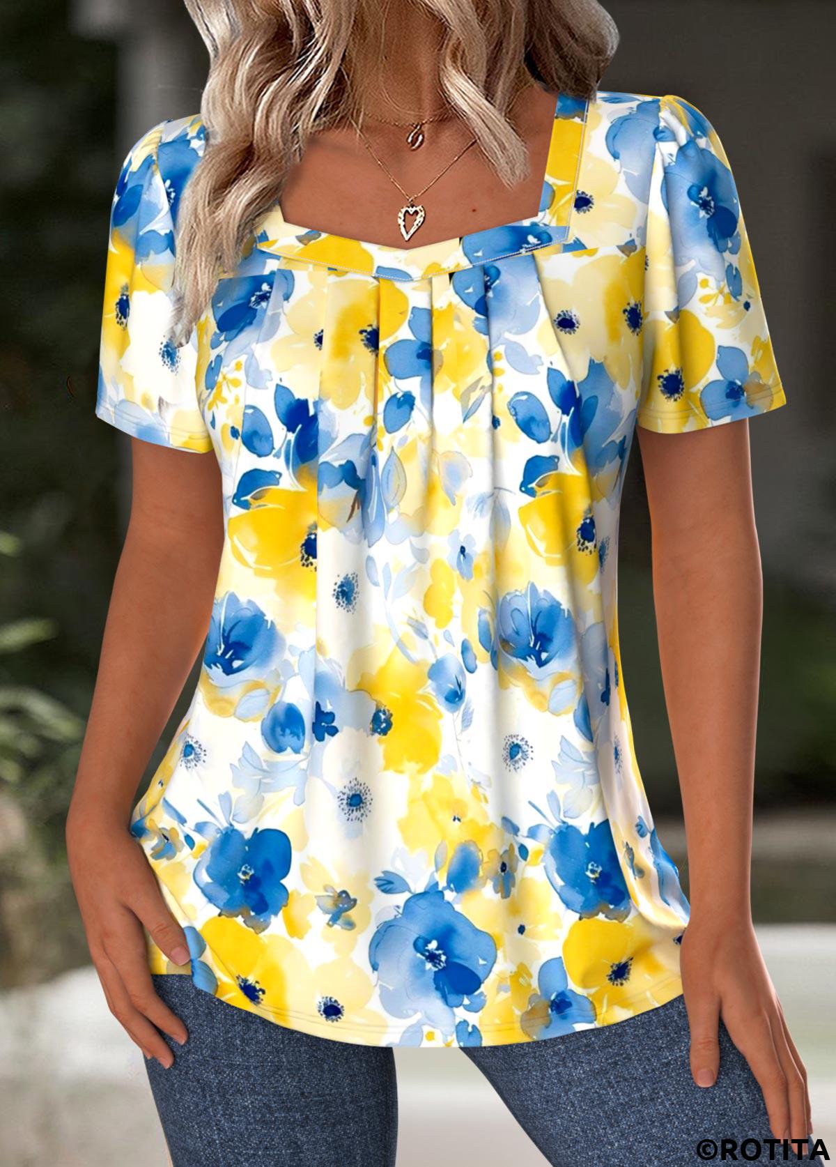 Blue tops,Floral tops,Plants tops,ROTITA Floral Print Blue Square Neck Short Sleeve T Shirt