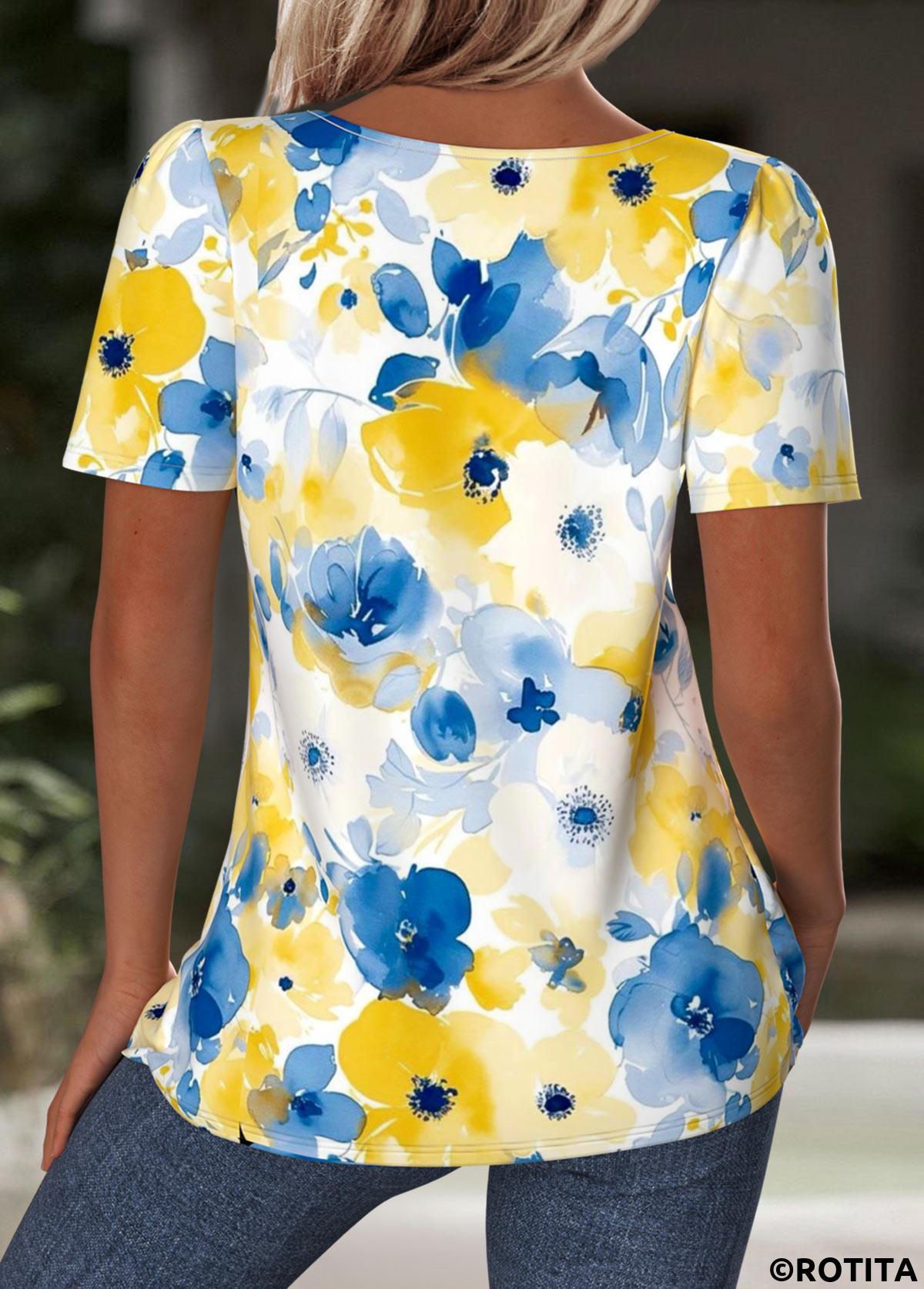 Blue tops,Floral tops,Plants tops,ROTITA Floral Print Blue Square Neck Short Sleeve T Shirt