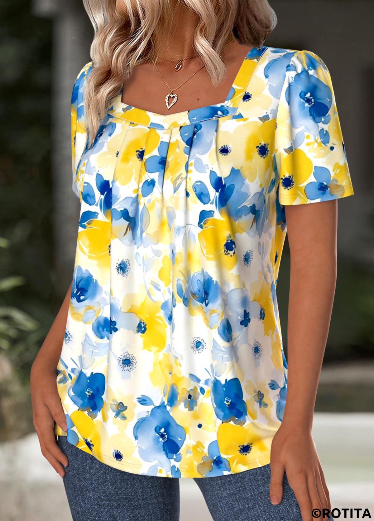 Blue tops,Floral tops,Plants tops,ROTITA Floral Print Blue Square Neck Short Sleeve T Shirt