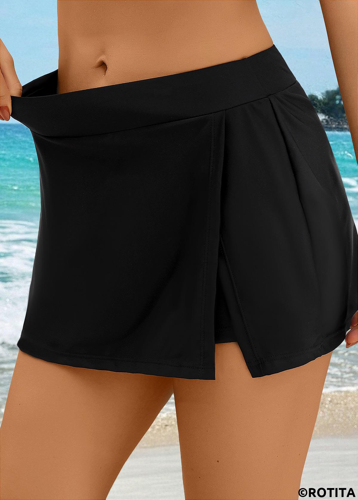 Black swimwear,Plain Color swimwear,ROTITA Black High Waisted Front Slit Hem Pantskirt