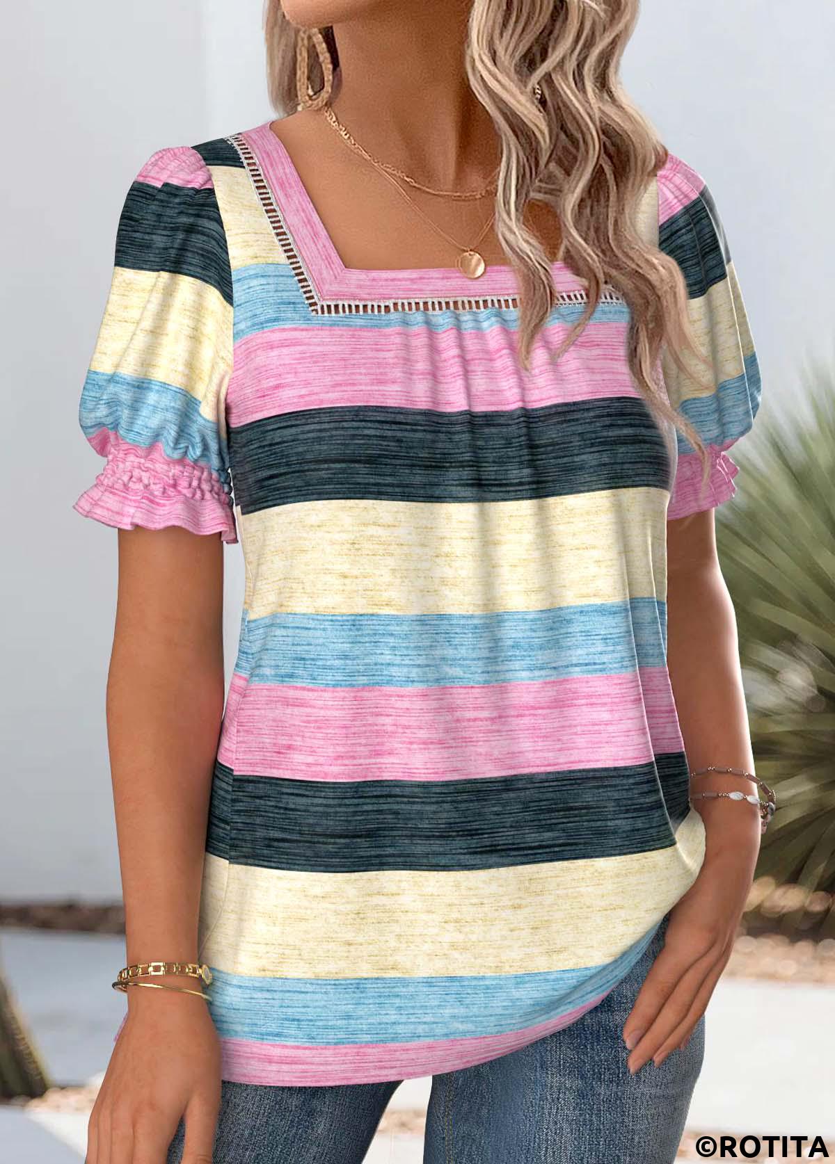 Multi Color tops,Striped tops,Geometric tops,ROTITA Striped Multi Color Square Neck Short Sleeve T Shirt