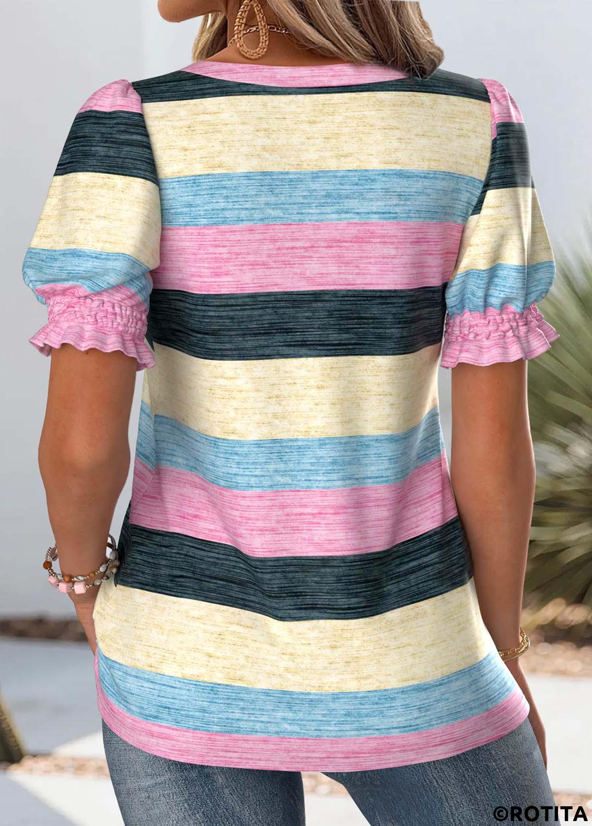 Multi Color tops,Striped tops,Geometric tops,ROTITA Striped Multi Color Square Neck Short Sleeve T Shirt