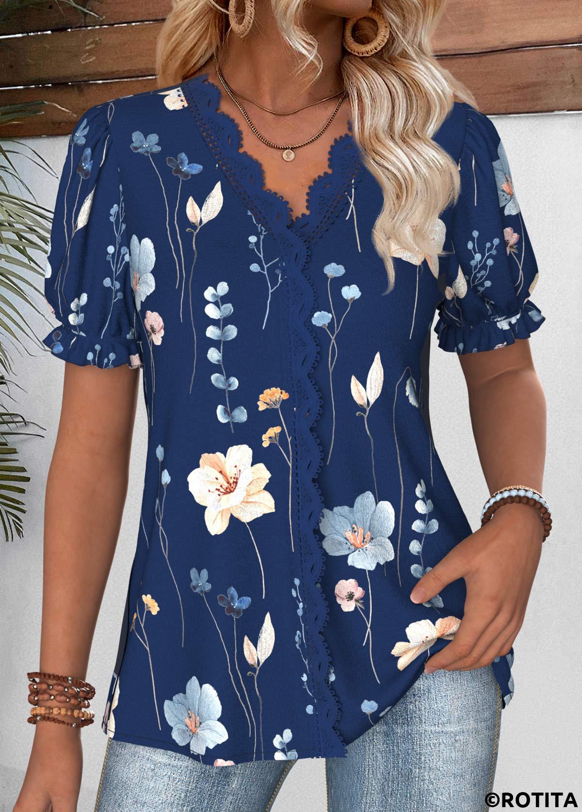 Navy tops,Floral tops,Plants tops,ROTITA Floral Print Navy V Neck Short Sleeve Blouse