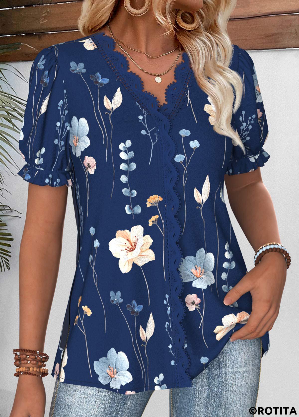Navy tops,Floral tops,Plants tops,ROTITA Floral Print Navy V Neck Short Sleeve Blouse
