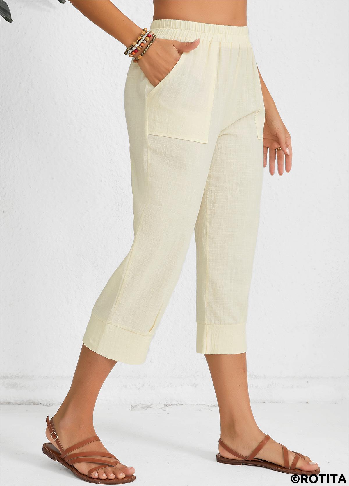 Light Camel bottoms,Plain Color bottoms,Light Camel Straight Leg Elastic Waist Mid Waisted Pants