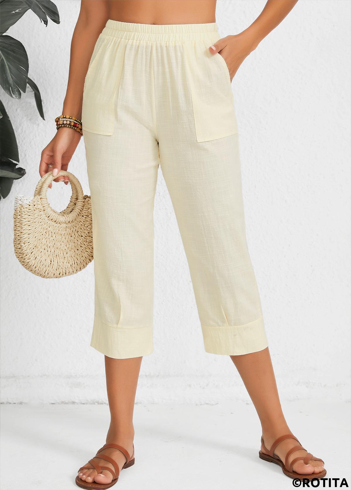 Light Camel bottoms,Plain Color bottoms,Light Camel Straight Leg Elastic Waist Mid Waisted Pants