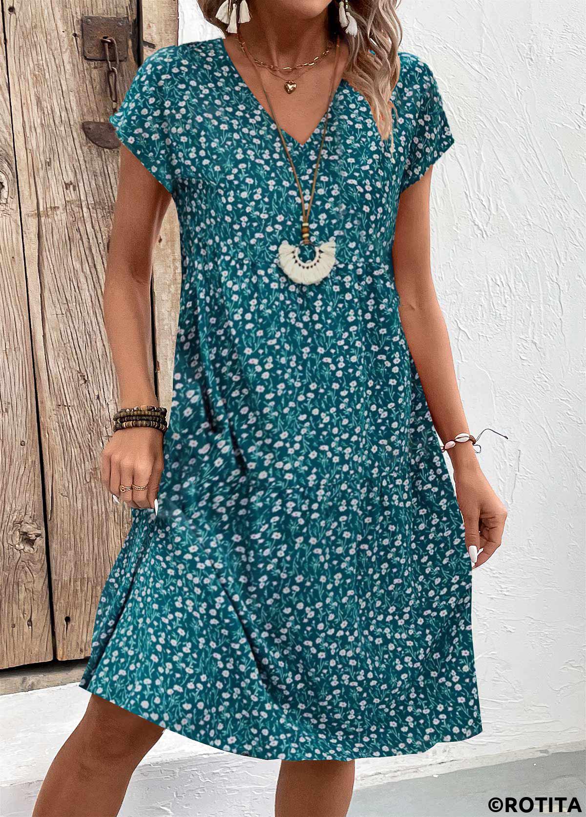 Turquoise dresses,Floral dresses,Plants dresses,Everyday dresses,Casual dresses,ROTITA Patchwork Floral Print Turquoise A Line V Neck Dress