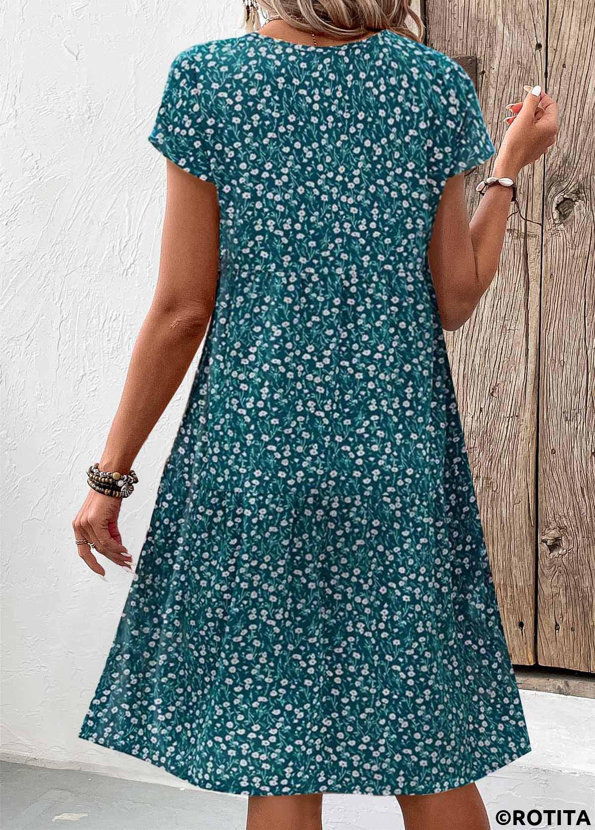 Turquoise dresses,Floral dresses,Plants dresses,Everyday dresses,Casual dresses,ROTITA Patchwork Floral Print Turquoise A Line V Neck Dress