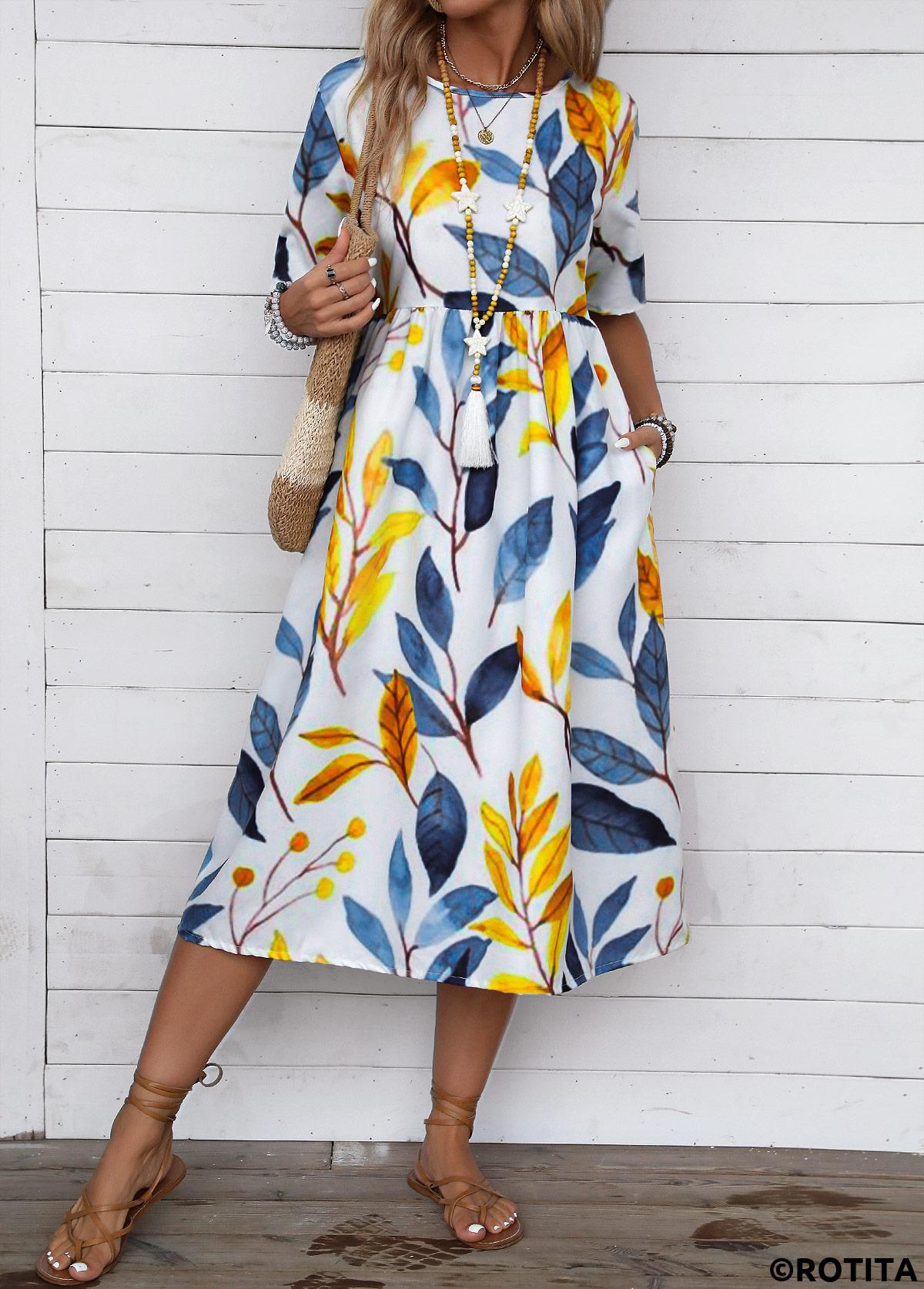 Blue dresses,Denim Blue dresses,Plants dresses,Everyday dresses,Casual dresses,Plants Print Blue Round Neck Half Sleeve Dress