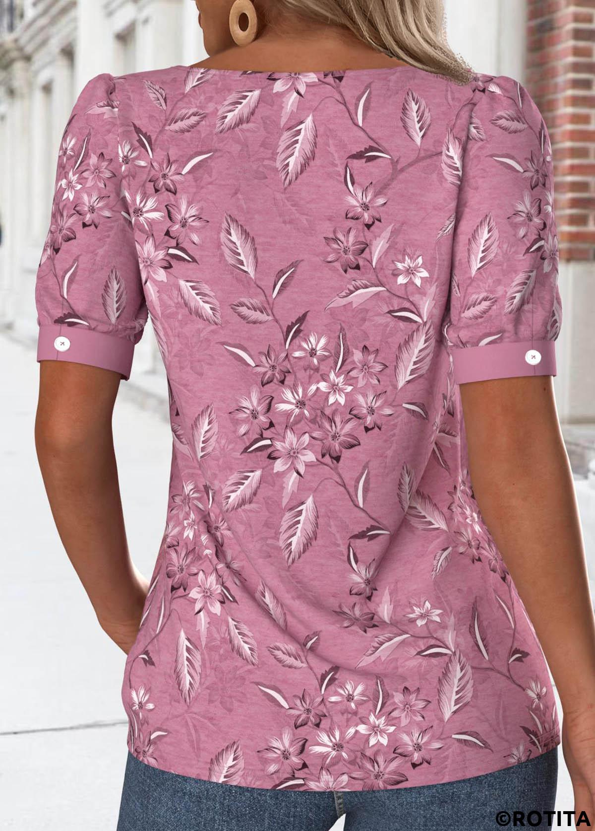 Dark Reddish Purple tops,Floral tops,Plants tops,ROTITA Asymmetry Floral Print Dark Reddish Purple T Shirt