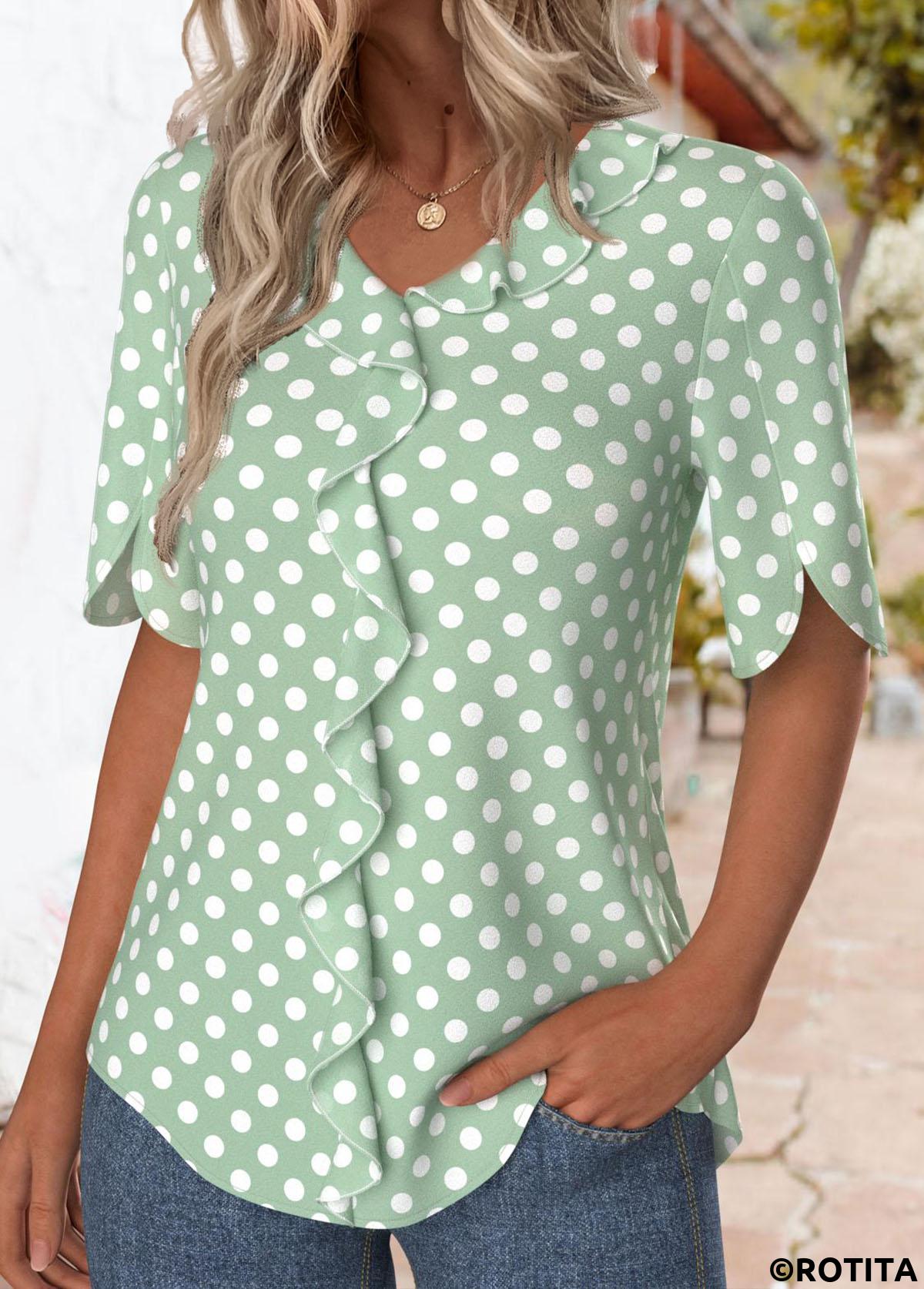 Green tops,Dot tops,ROTITA Ruffle Polka Dot Green V Neck T Shirt