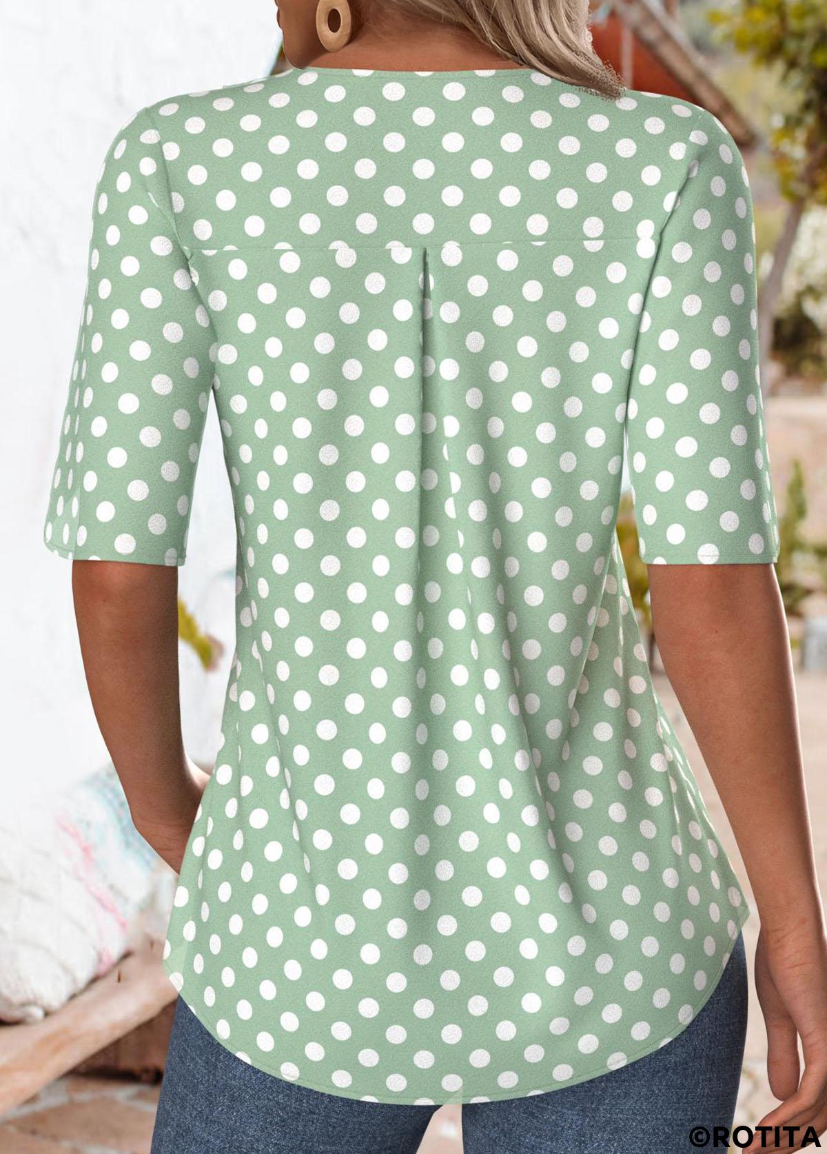 Green tops,Dot tops,ROTITA Ruffle Polka Dot Green V Neck T Shirt