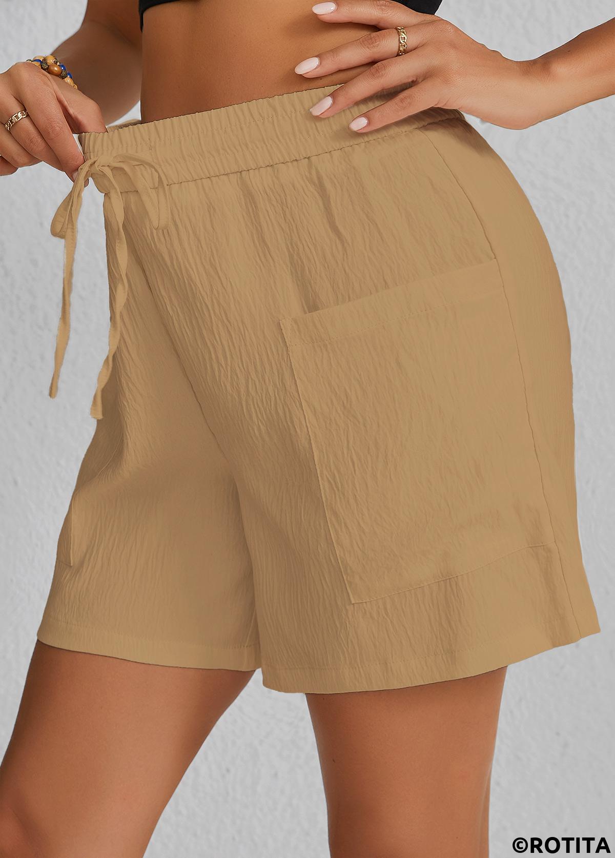 Light Camel bottoms,Plain Color bottoms,Pocket Light Camel Elastic Waist High Waisted Shorts