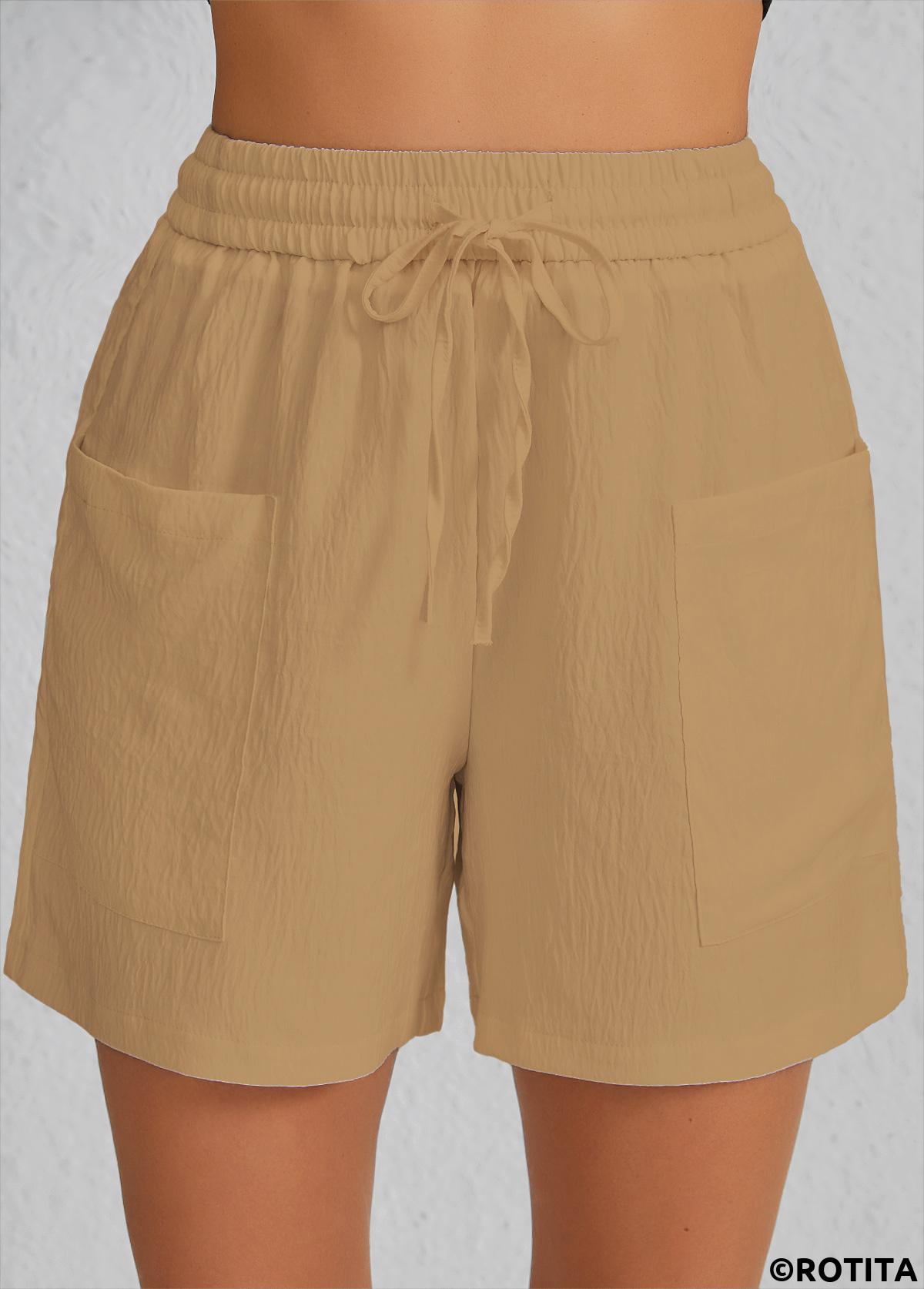Light Camel bottoms,Plain Color bottoms,Pocket Light Camel Elastic Waist High Waisted Shorts